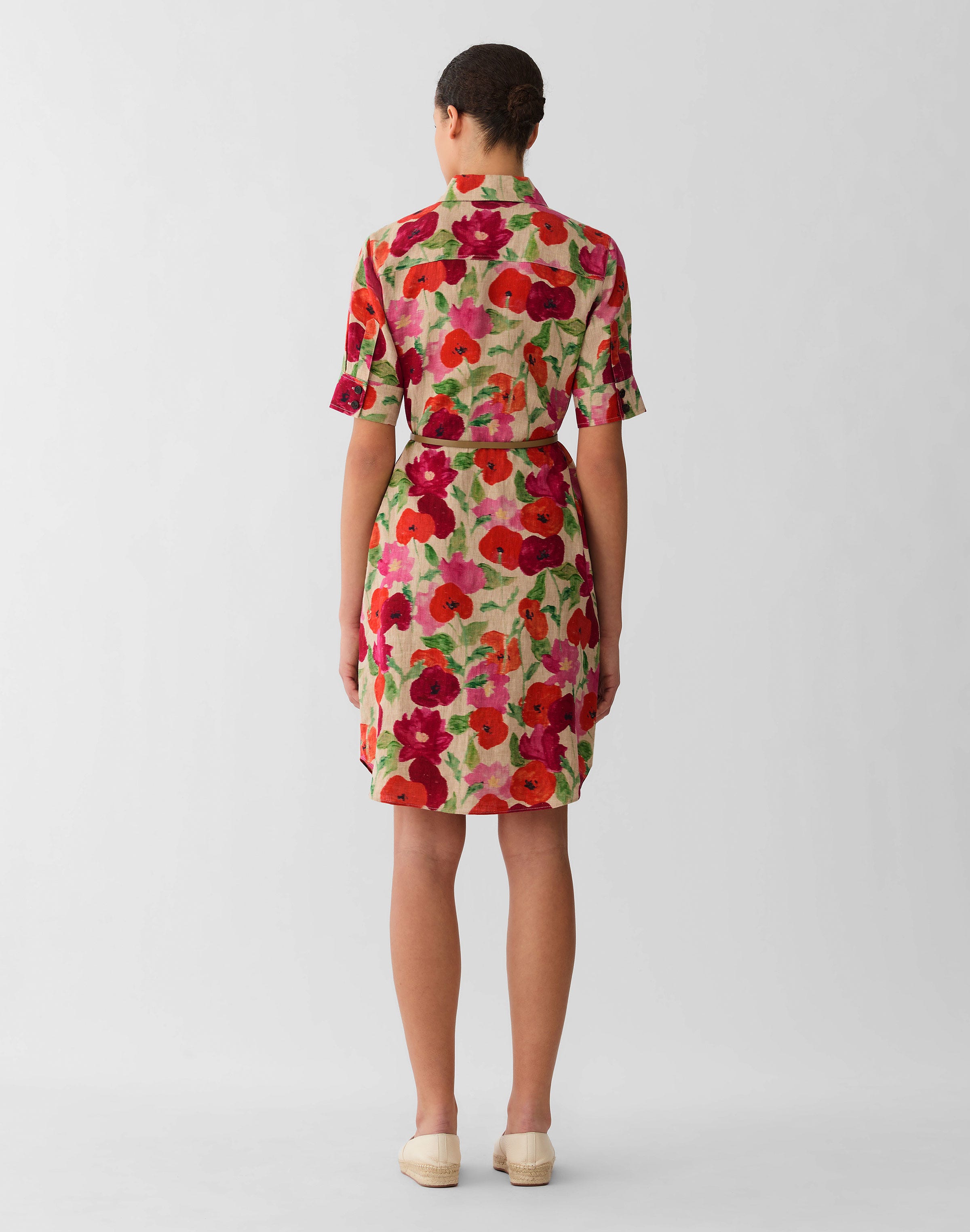 Plus-Size Blossom Print Organic Linen Belted Shirtdress