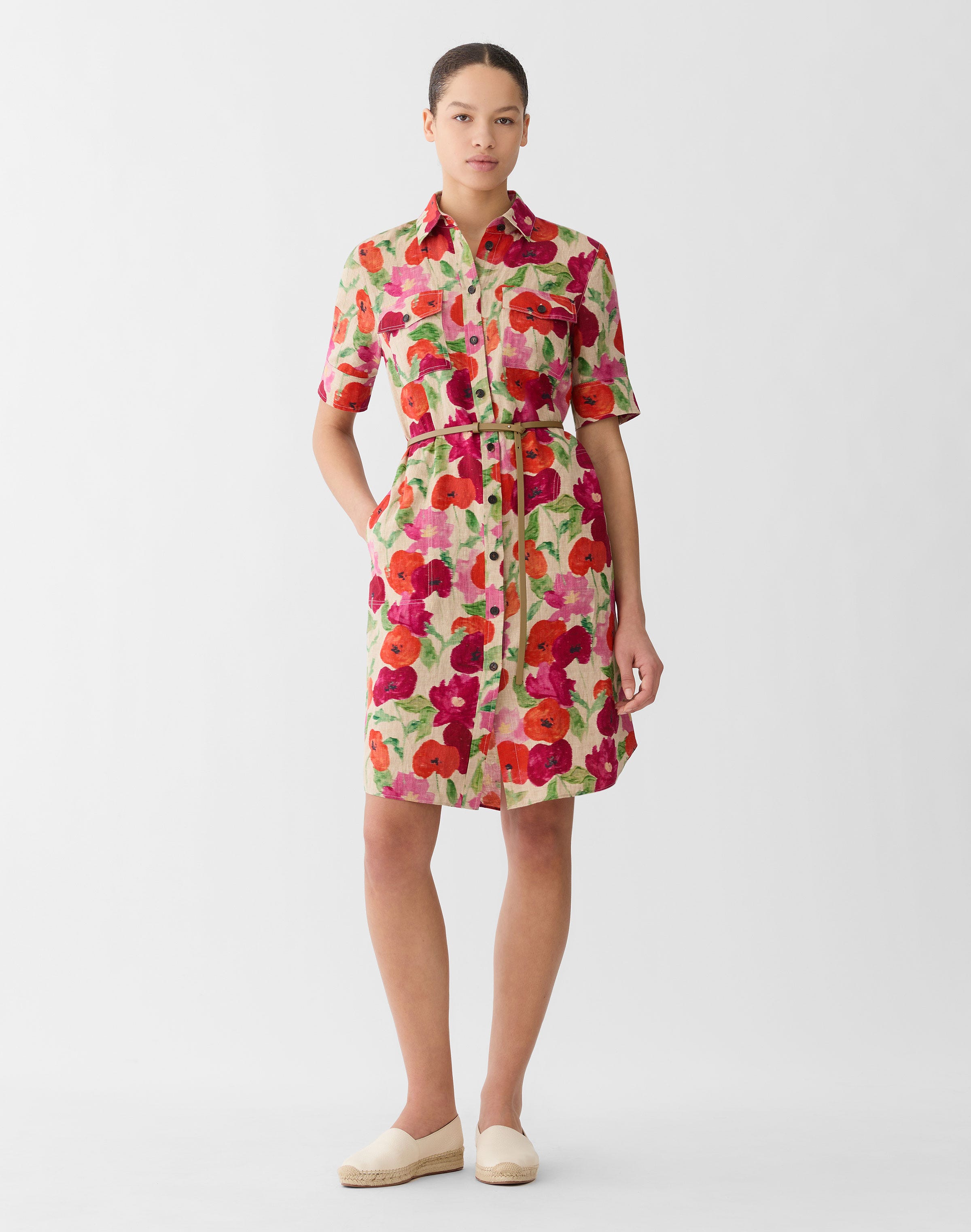 Plus-Size Blossom Print Organic Linen Belted Shirtdress