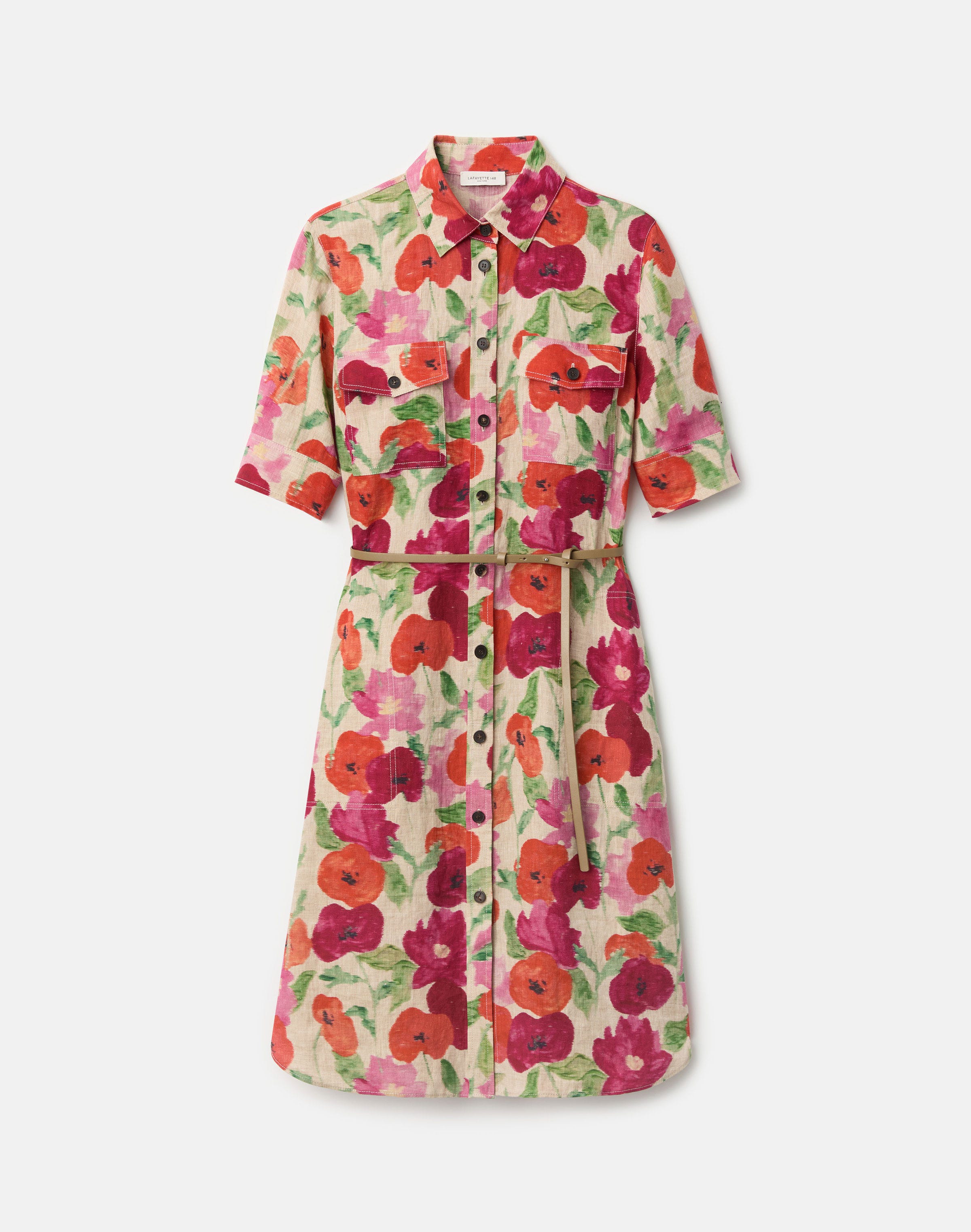 Plus-Size Blossom Print Organic Linen Belted Shirtdress