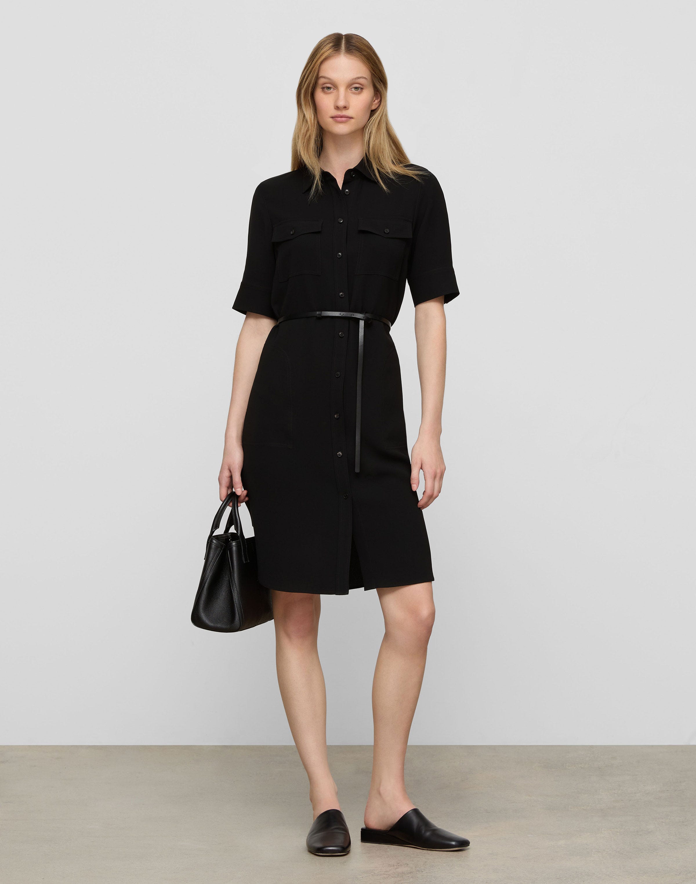 Petite Responsible Finesse Crepe Patch Pocket Belted Shirtdress