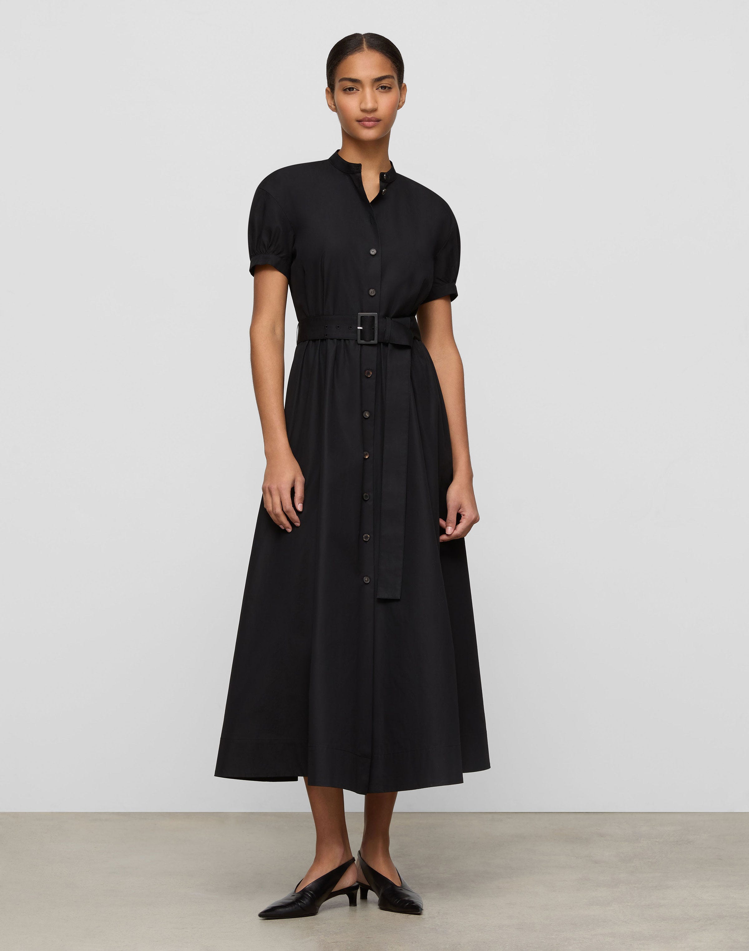 Organic Cotton Poplin Puff Sleeve Belted Shirtdress