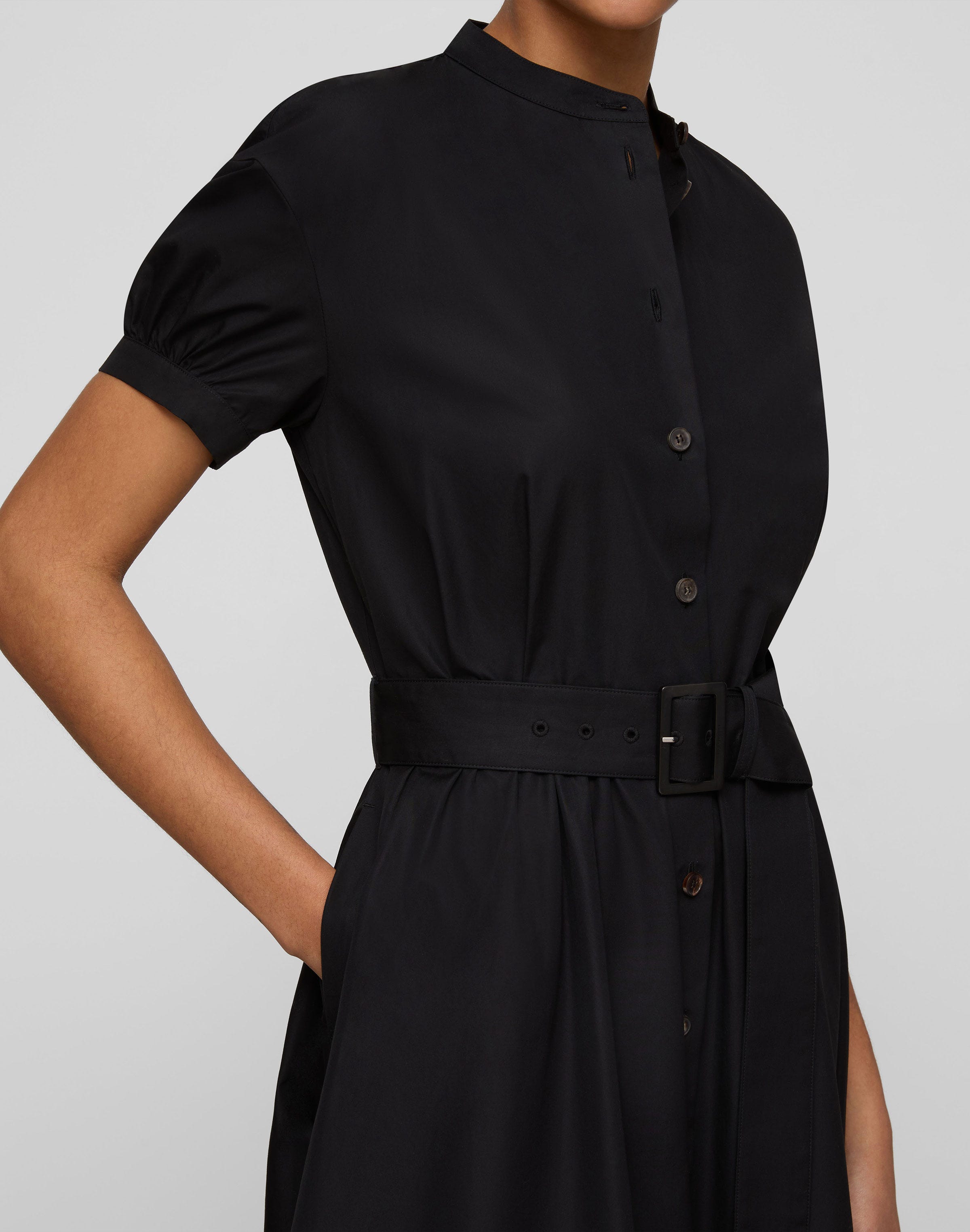 Organic Cotton Poplin Puff Sleeve Belted Shirtdress