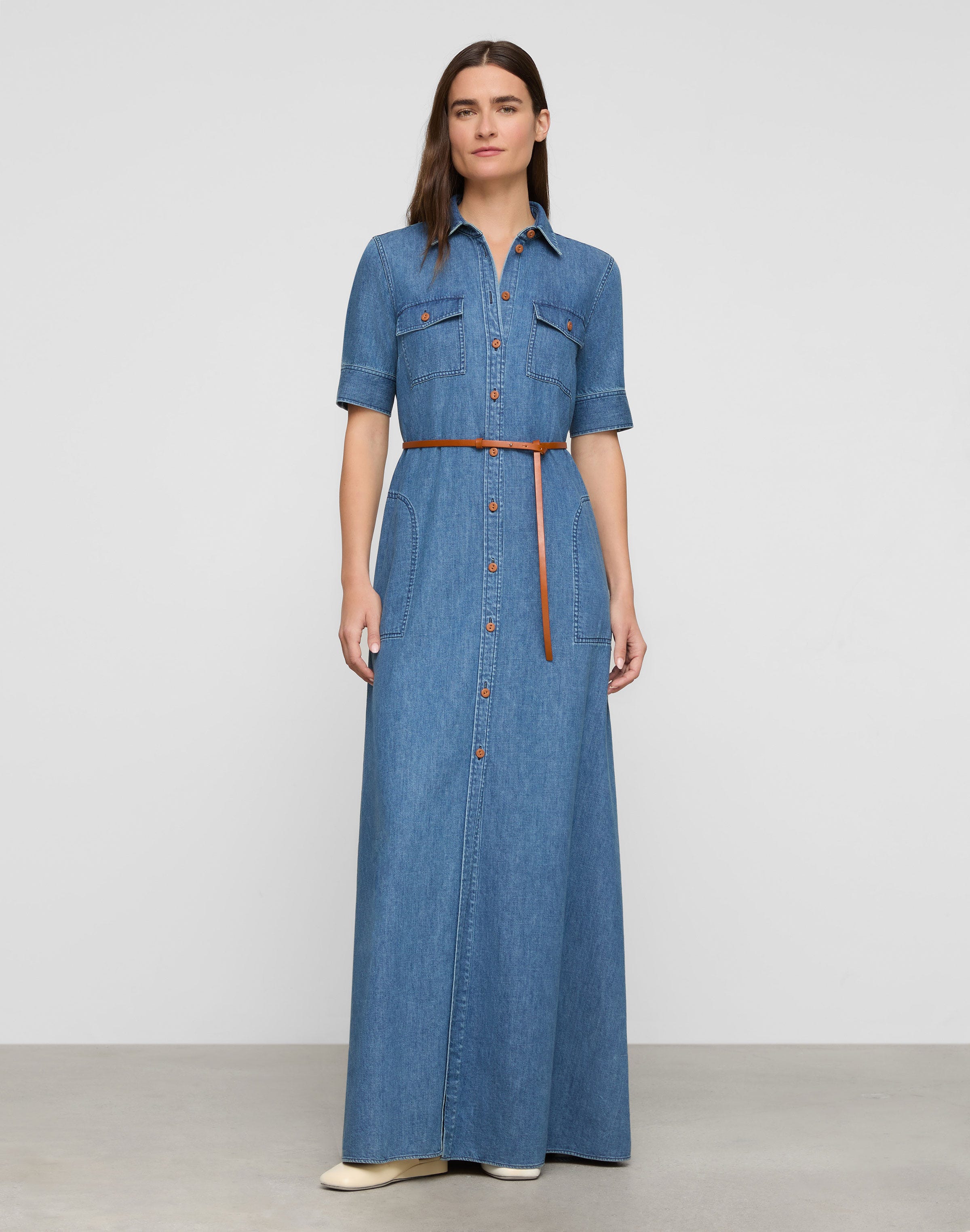 Chambray Patch Pocket Maxi Shirtdress