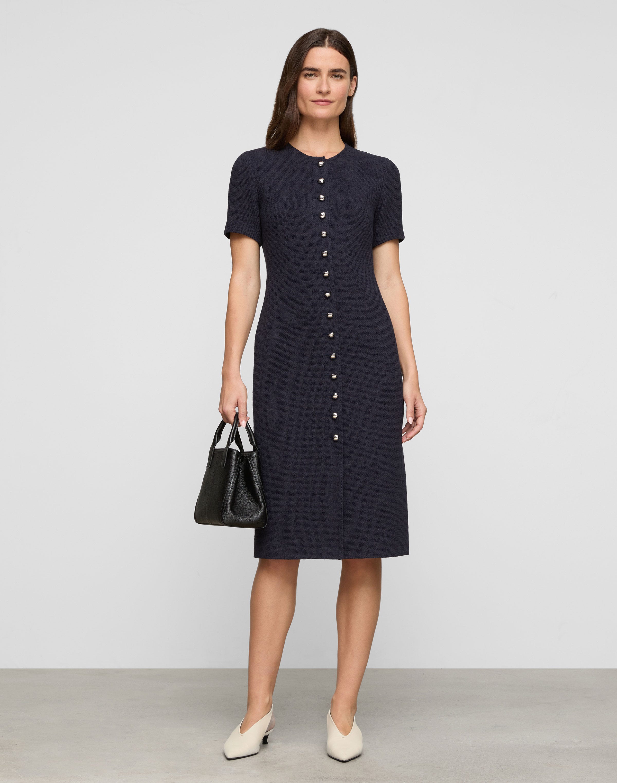 Cotton Dobby Tweed Button Midi Dress