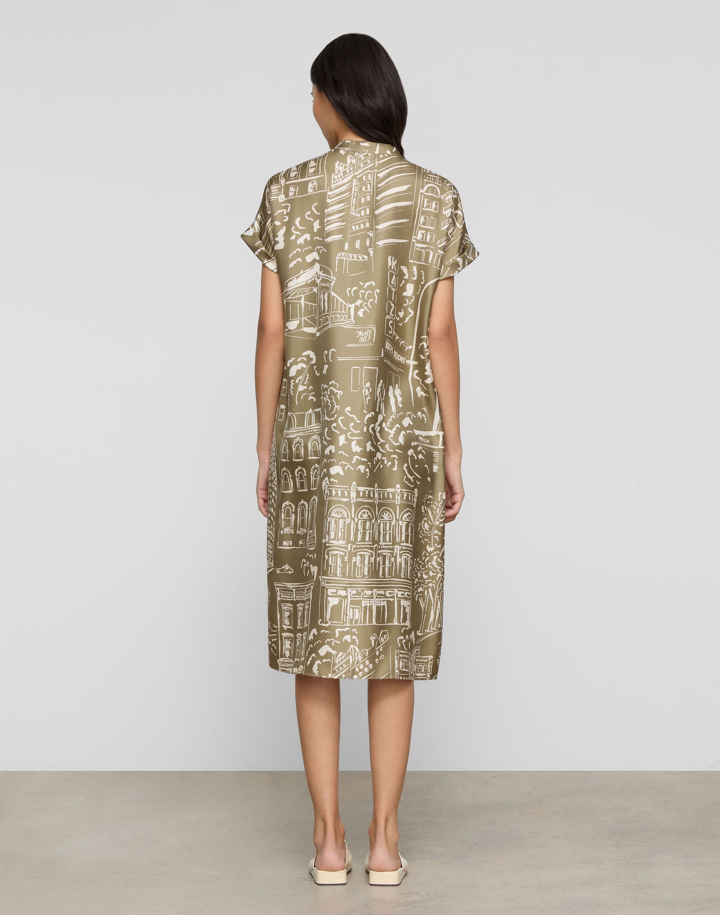Landmarks Print Silk Twill Henley Dress