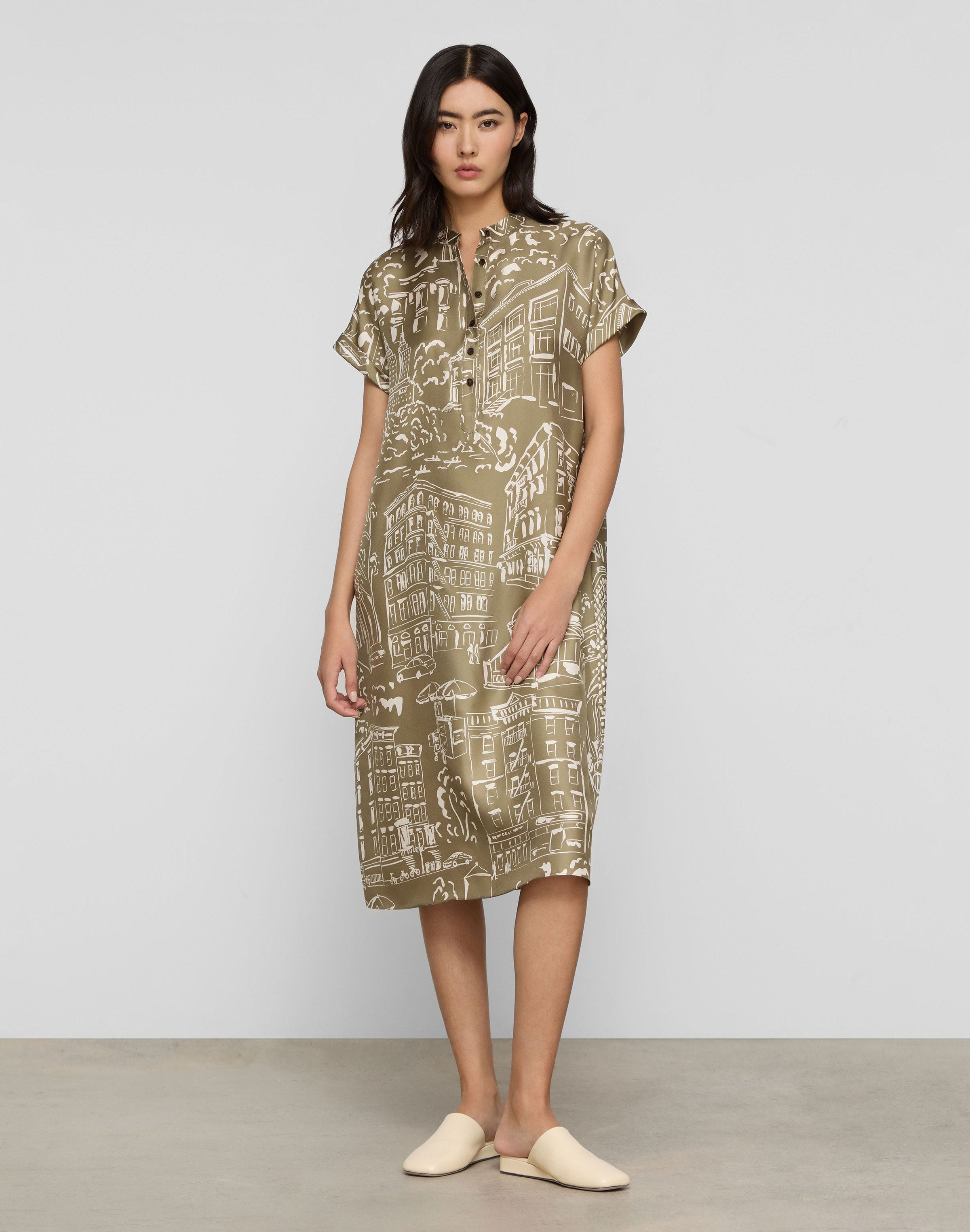 Landmarks Print Silk Twill Henley Dress