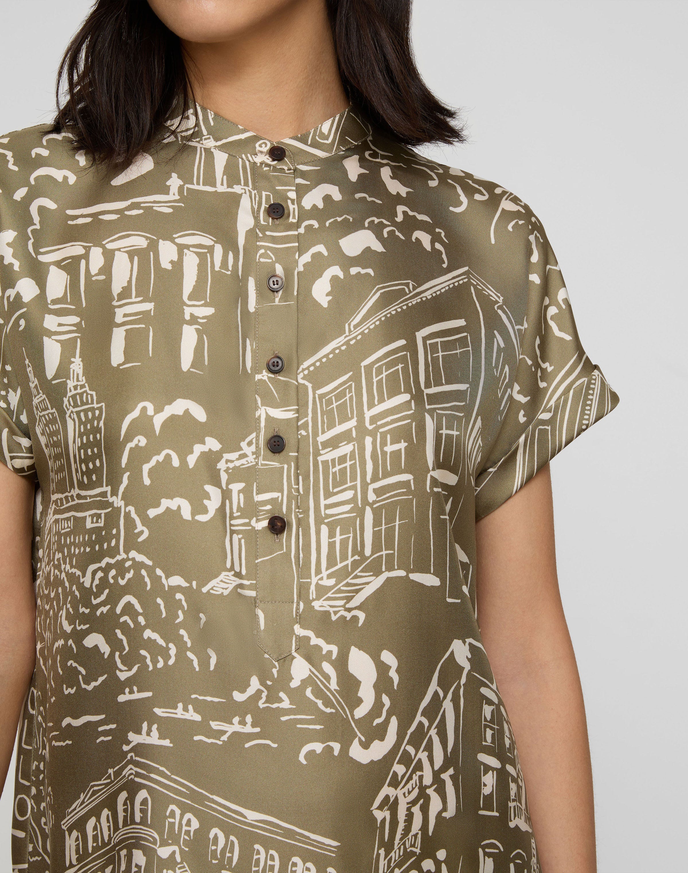 Landmarks Print Silk Twill Henley Dress