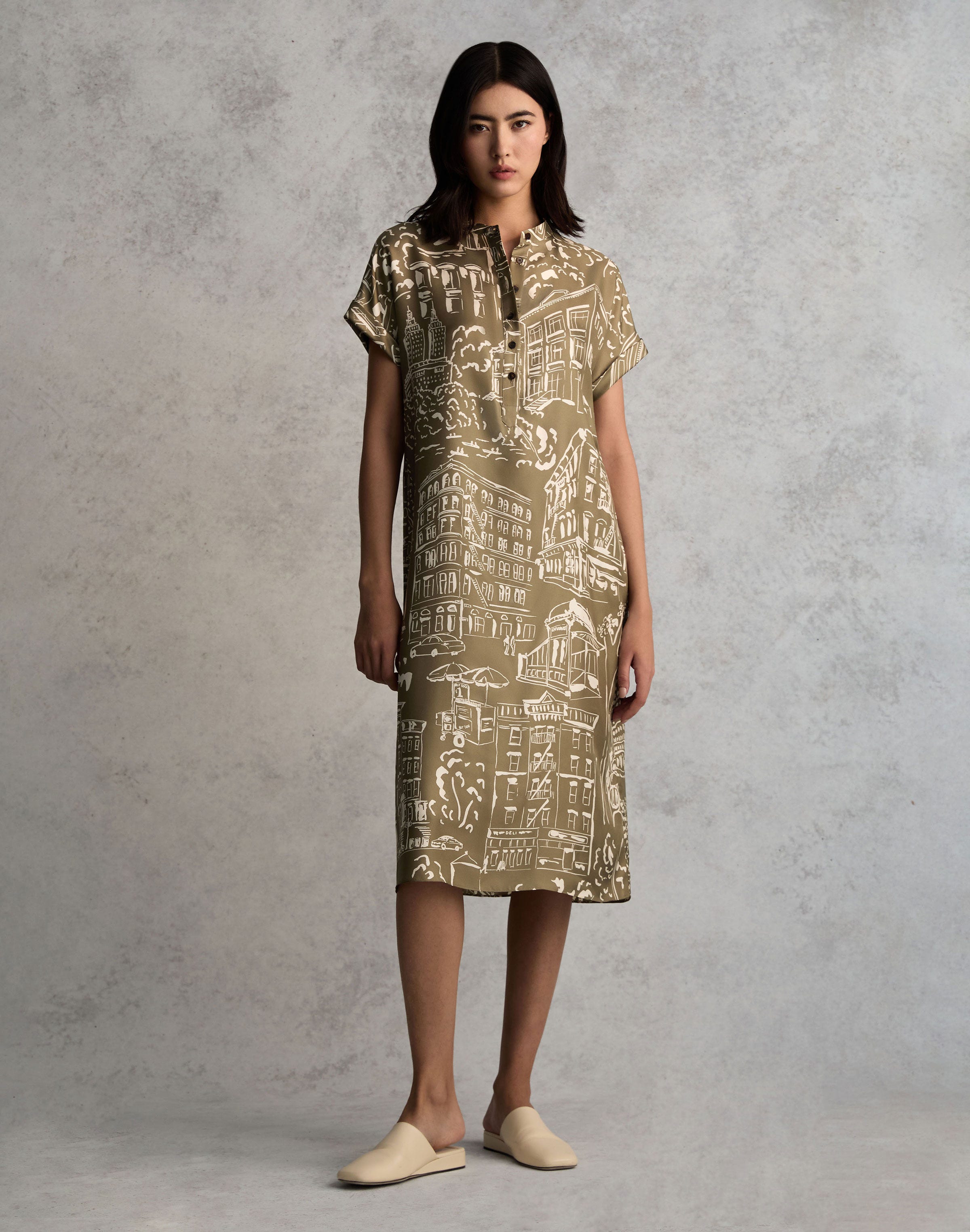 Landmarks Print Silk Twill Henley Dress