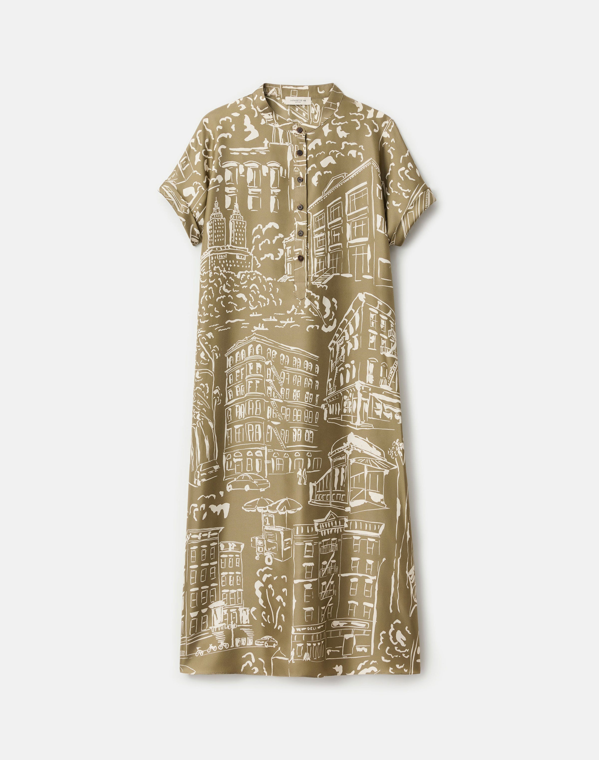 Landmarks Print Silk Twill Henley Dress