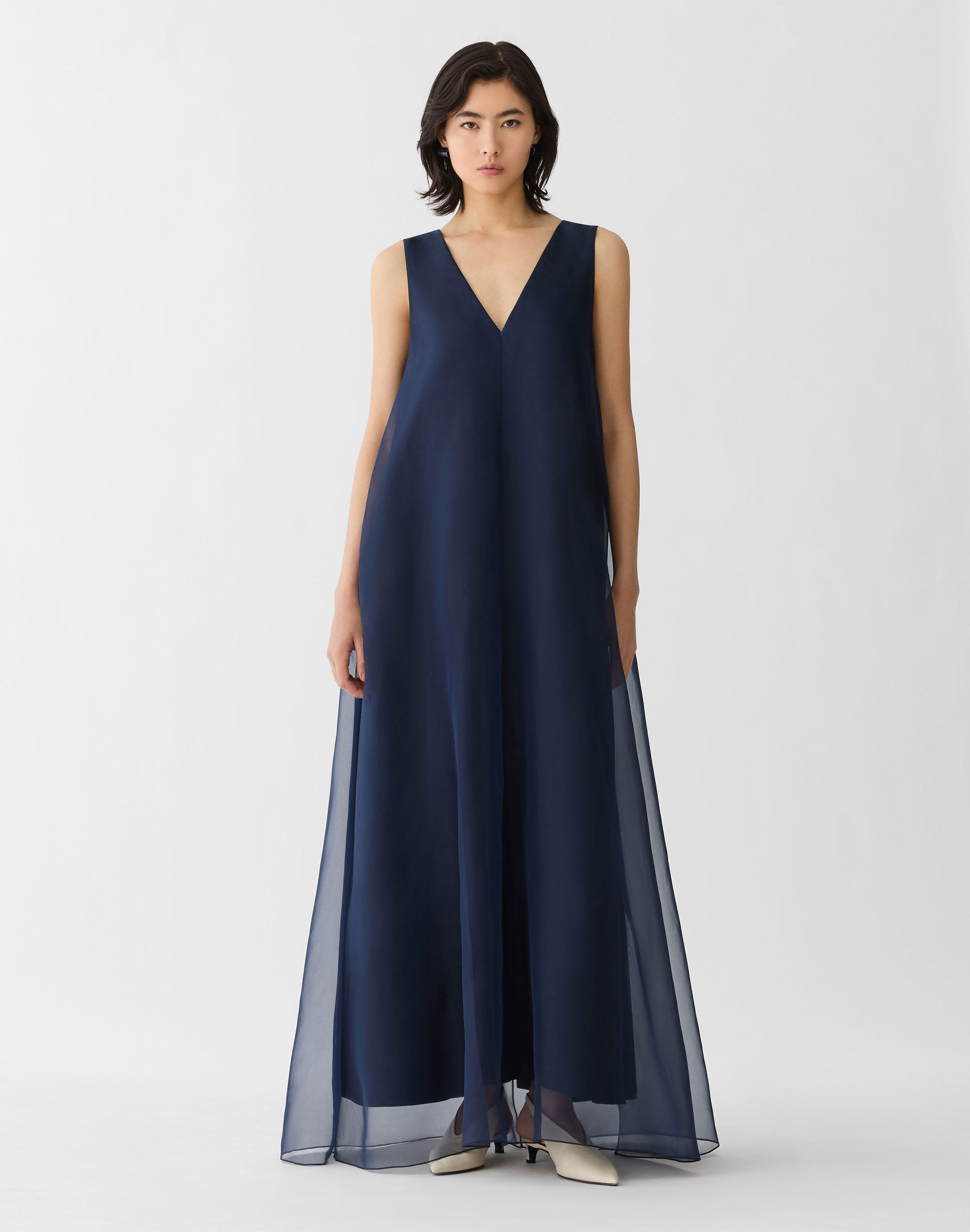 Silk Organza Overlay V-Neck Gown