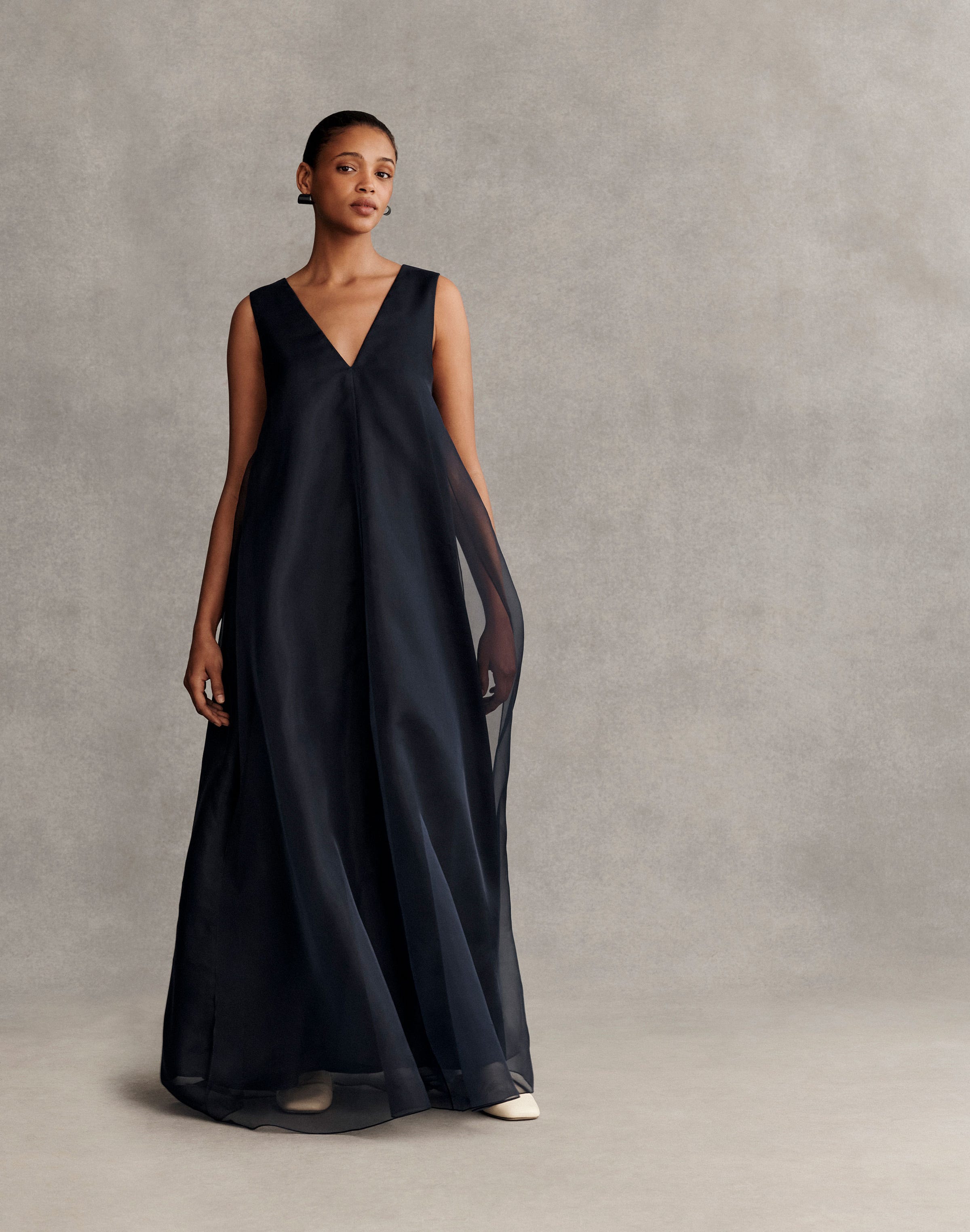 Silk Organza Overlay V-Neck Gown