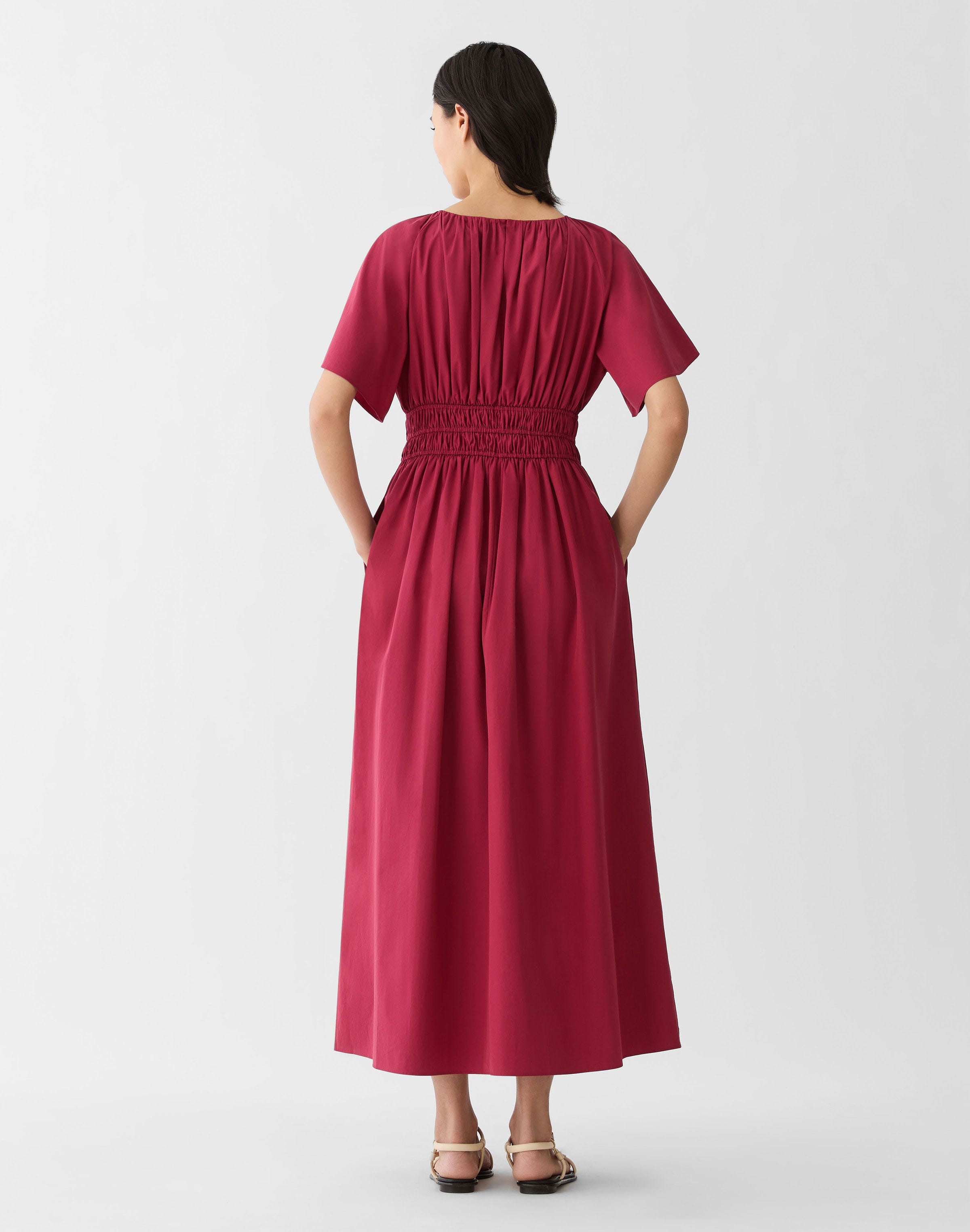 Organic Cotton Poplin Shirred Midi Dress