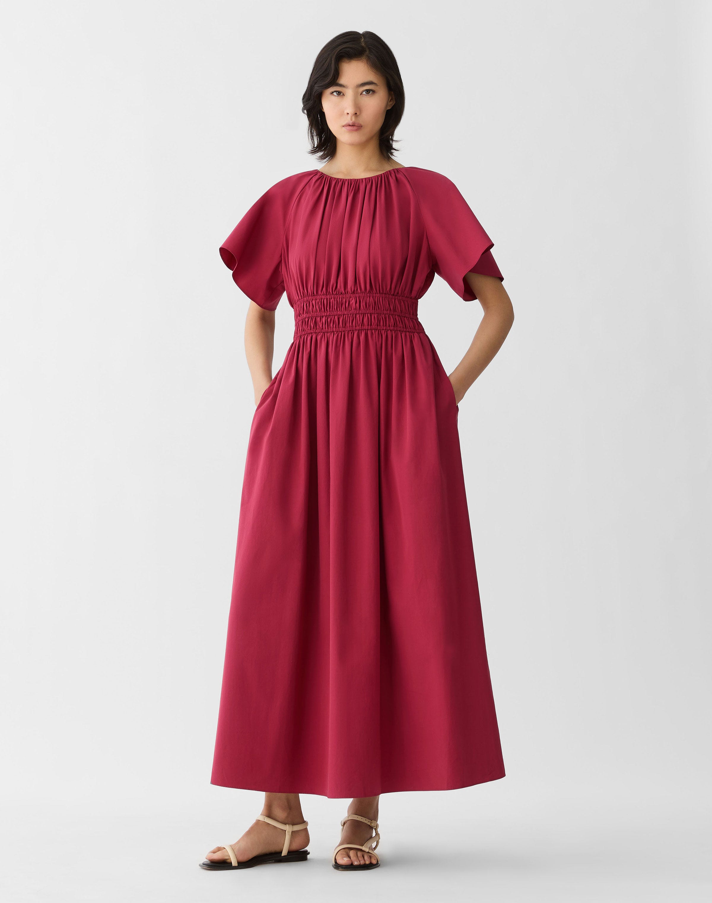 Organic Cotton Poplin Shirred Midi Dress