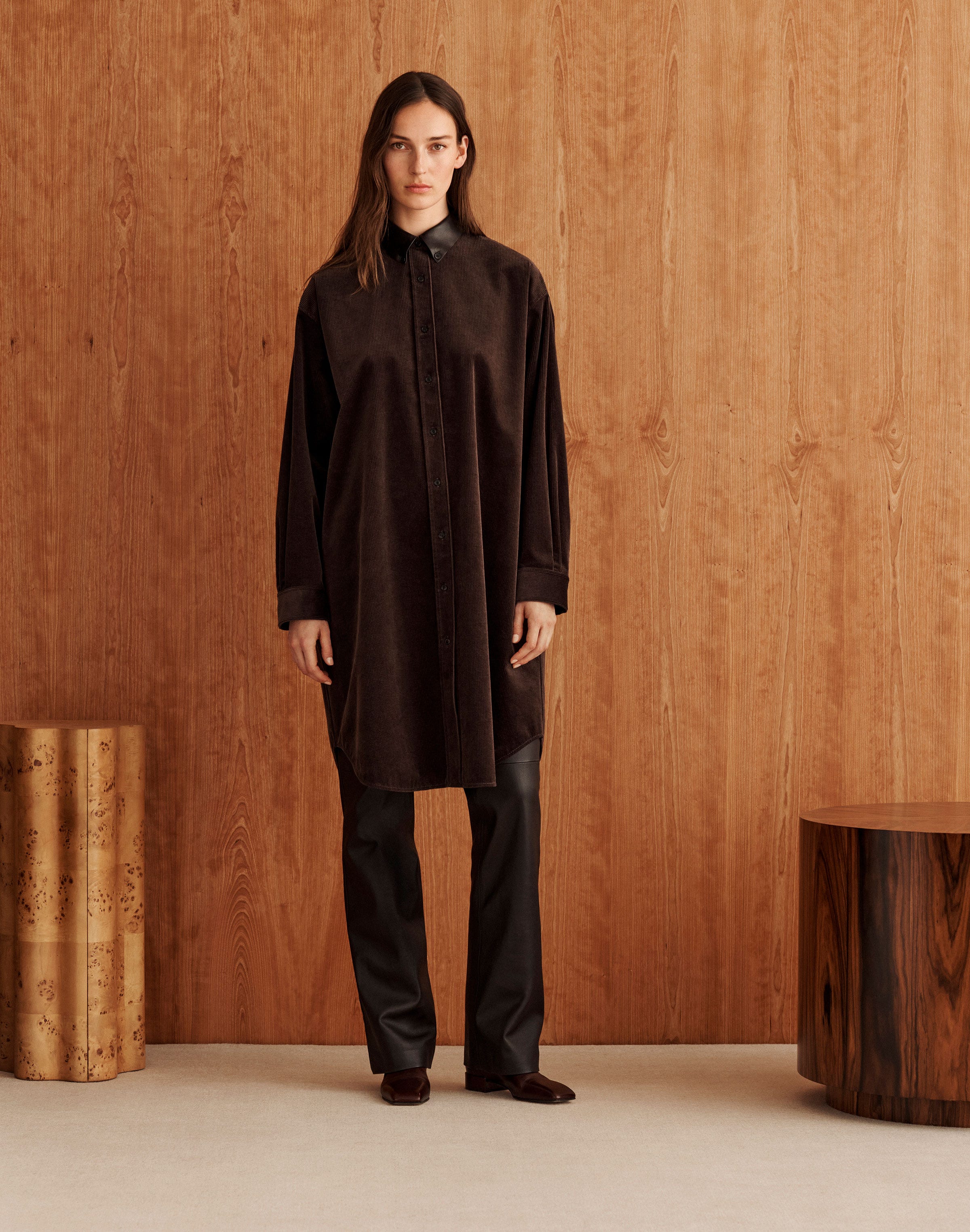 Cotton Corduroy Shirtdress and Leather Bond Pant