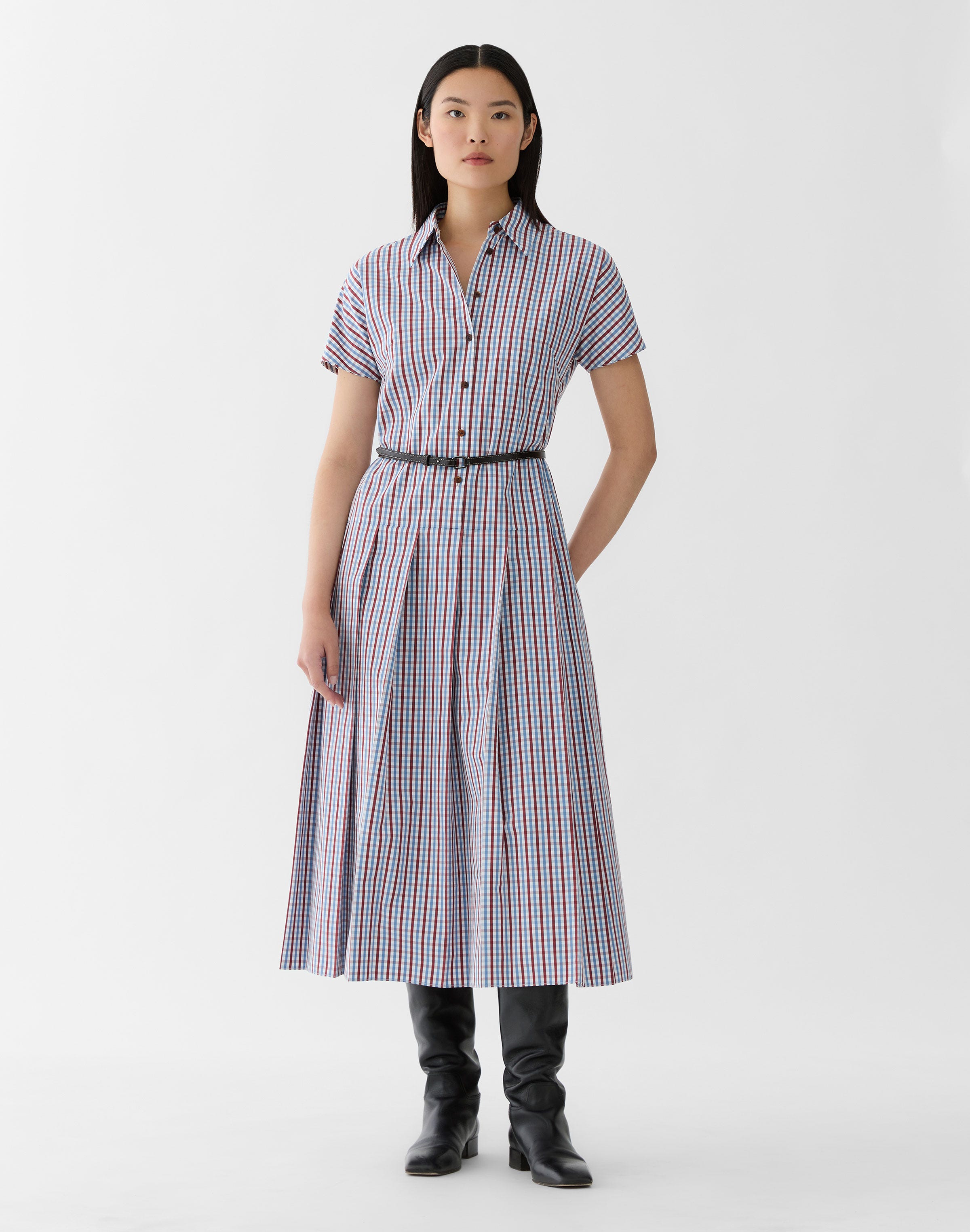Gingham Cotton Belted Pleated Shirtdress