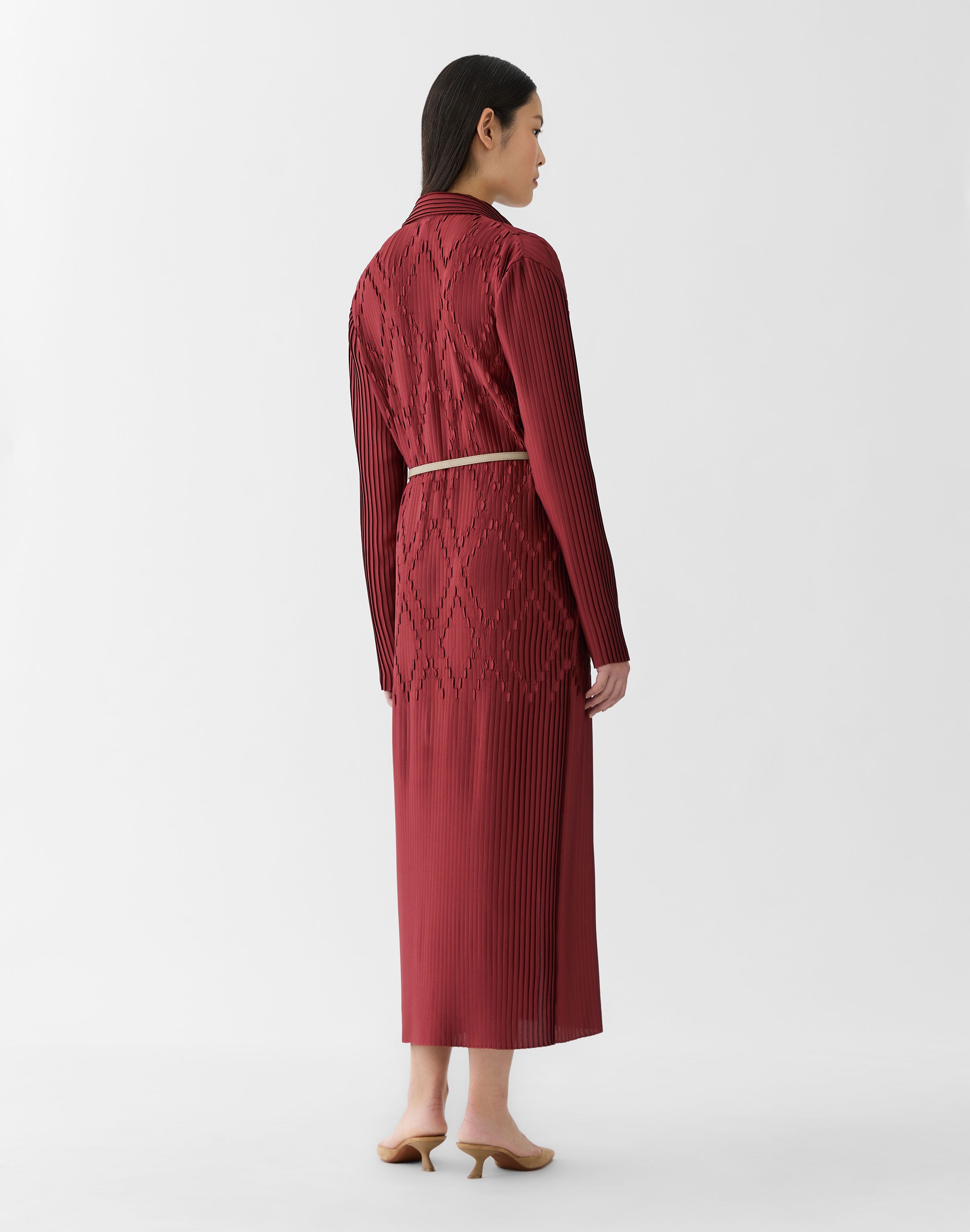 Geo Satin Plissé Belted Shirtdress