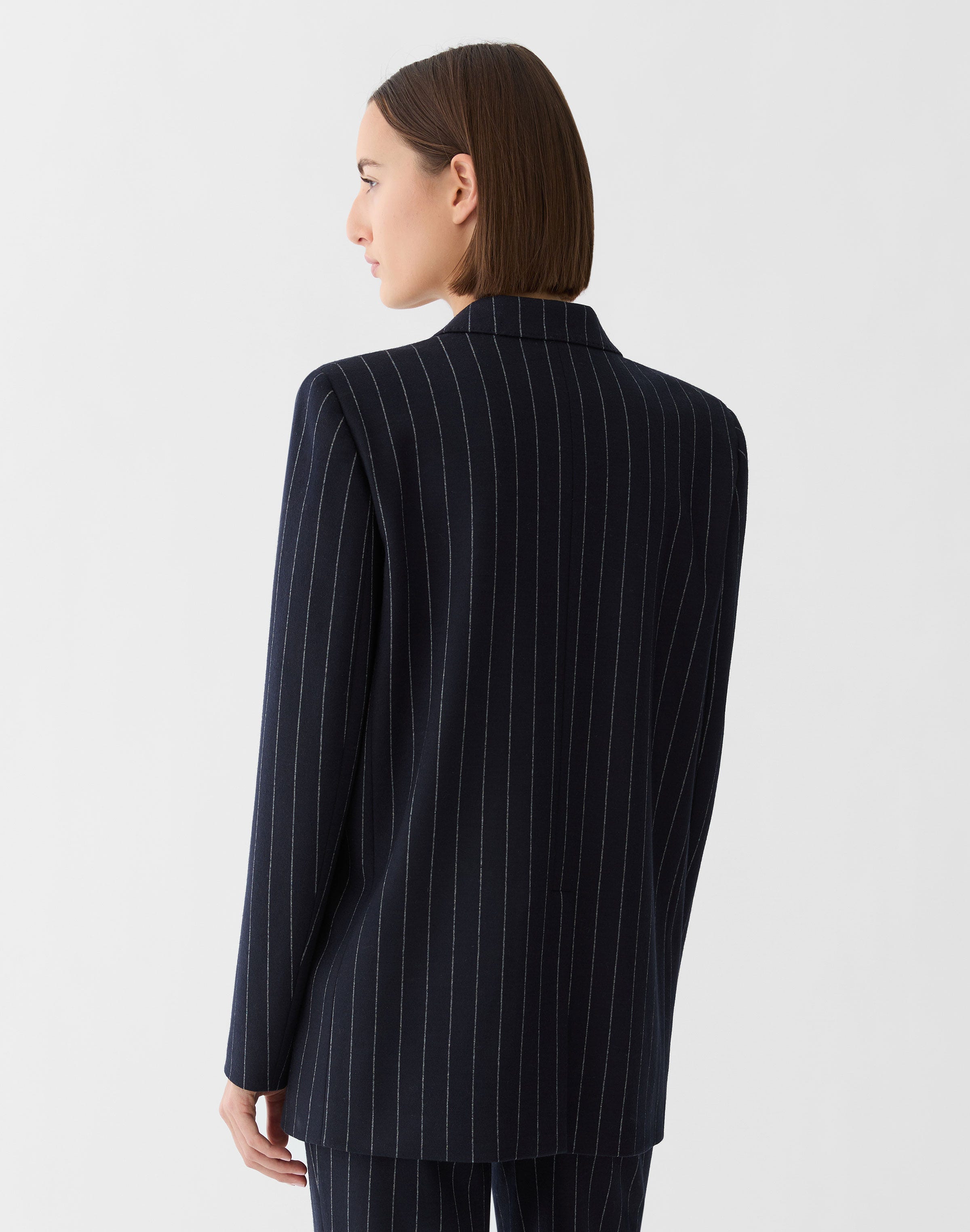 Pinstripe Wool Jersey Double Breasted Blazer