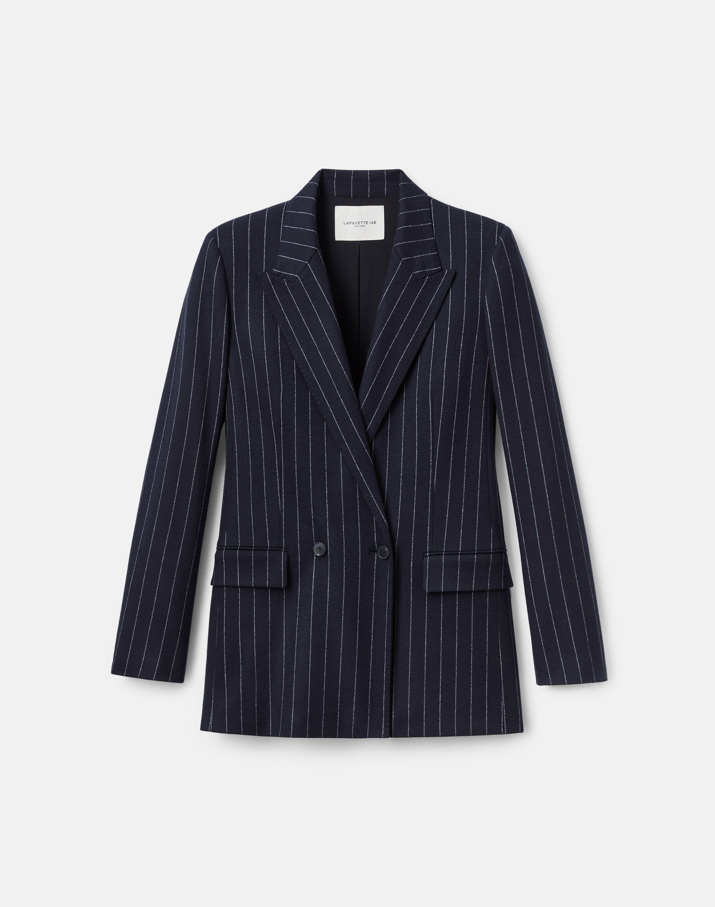 Pinstripe Wool Jersey Double Breasted Blazer