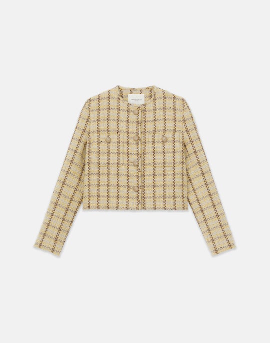 Wool-Cotton Plaid Collarless Jacket