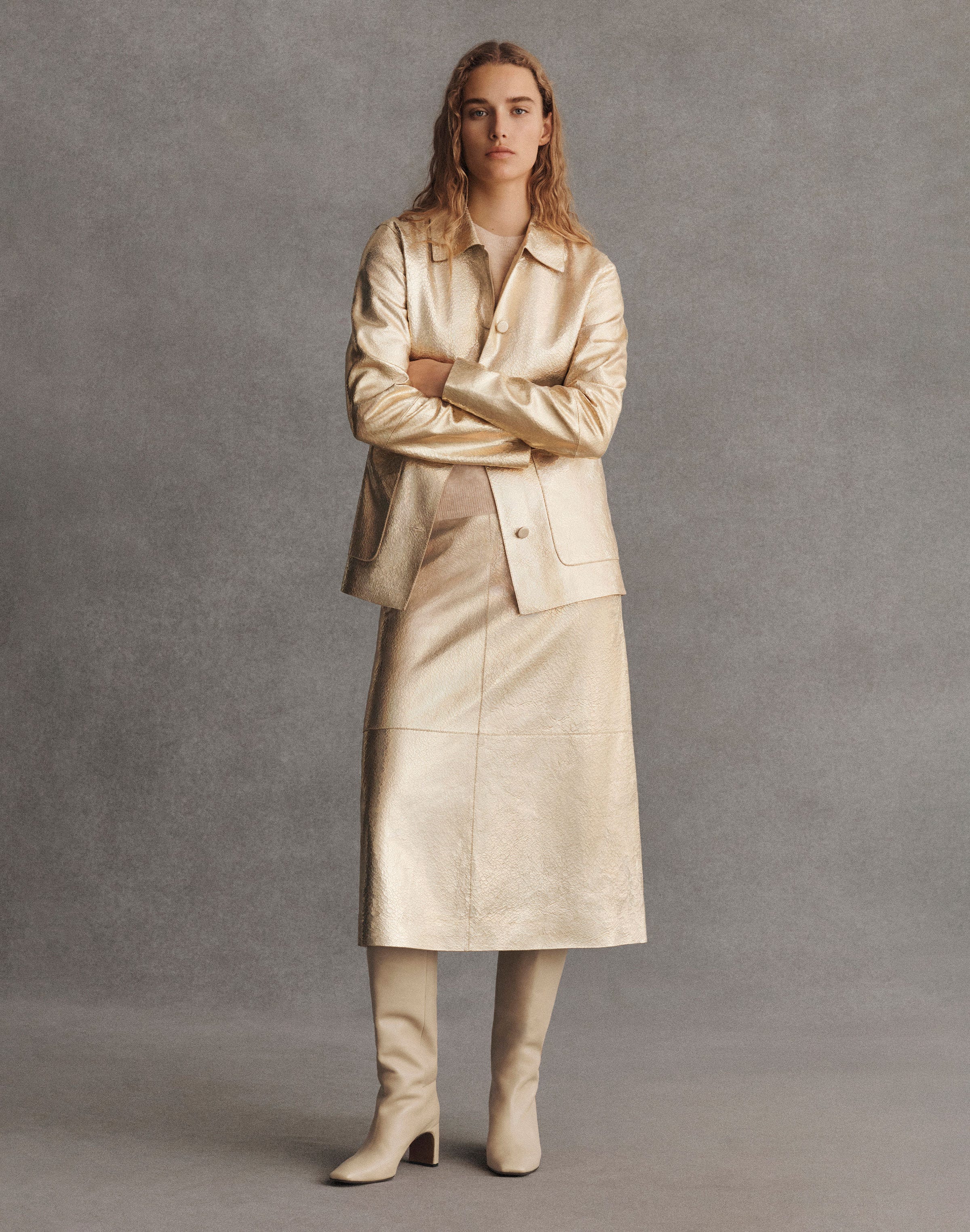 Iridescent Crackle Suede Patch Pocket Shirt Jacket