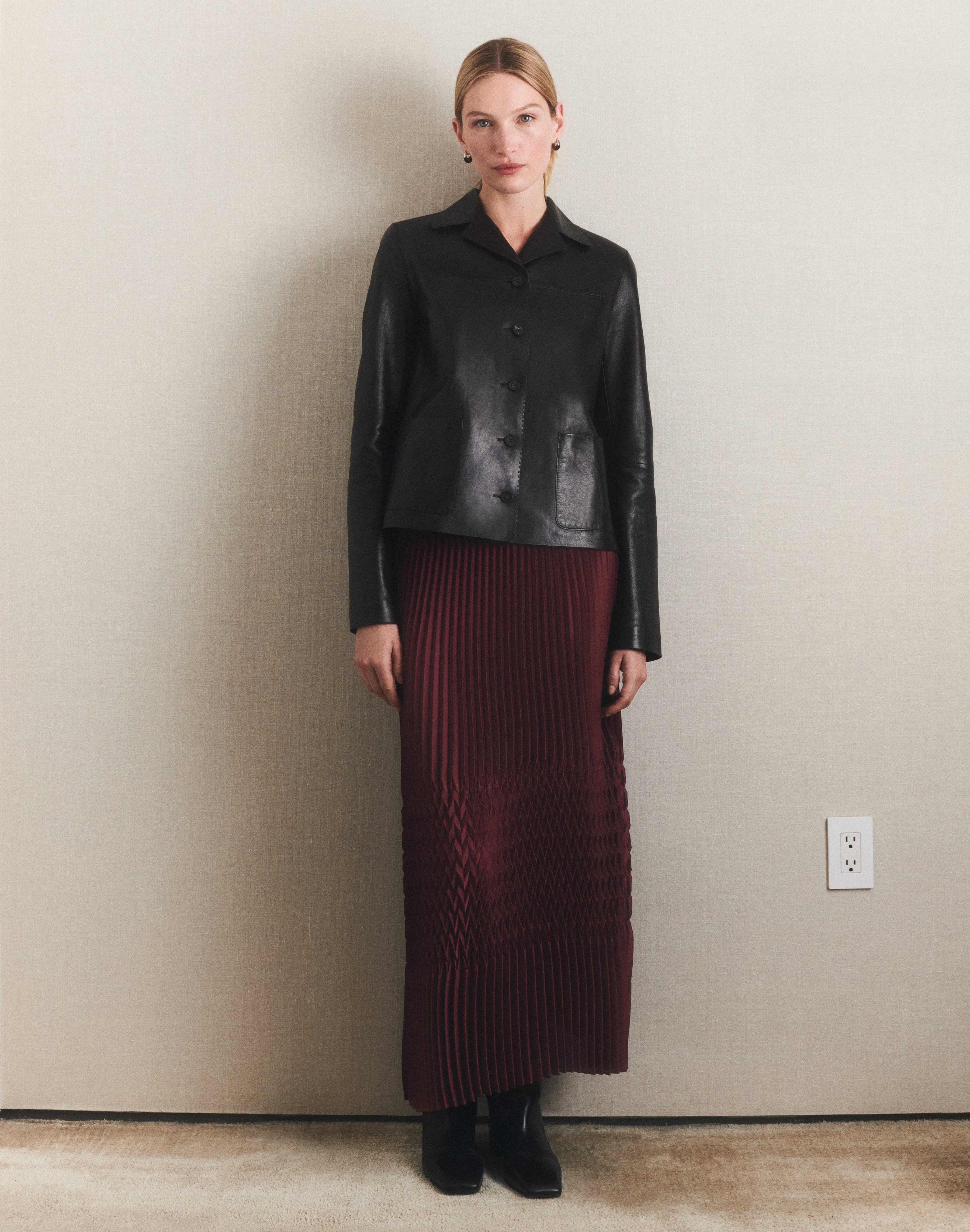 Leather Patch Pocket Jacket and Plissé Skirt
