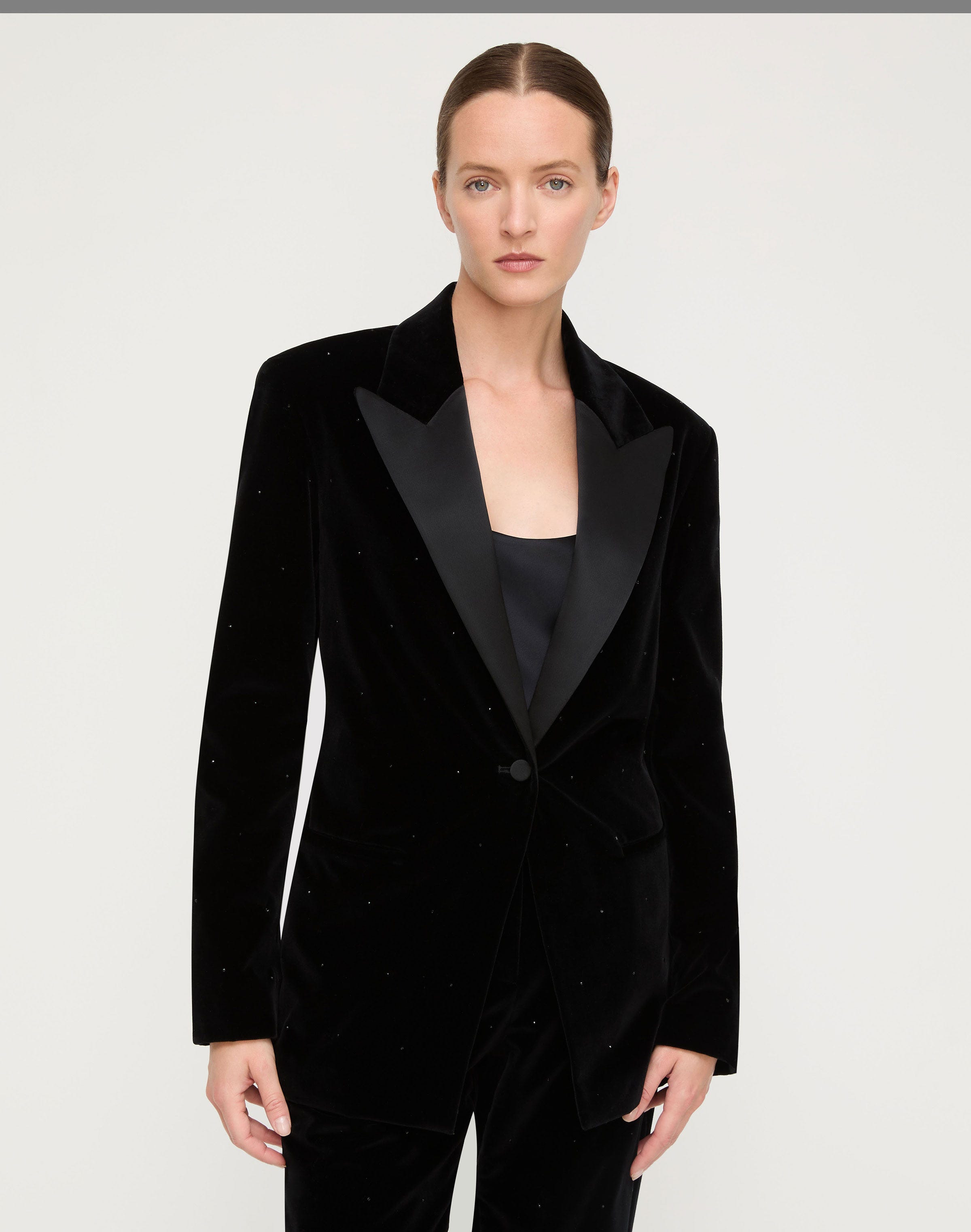 Velvet Crystal Embellished Tuxedo Jacket