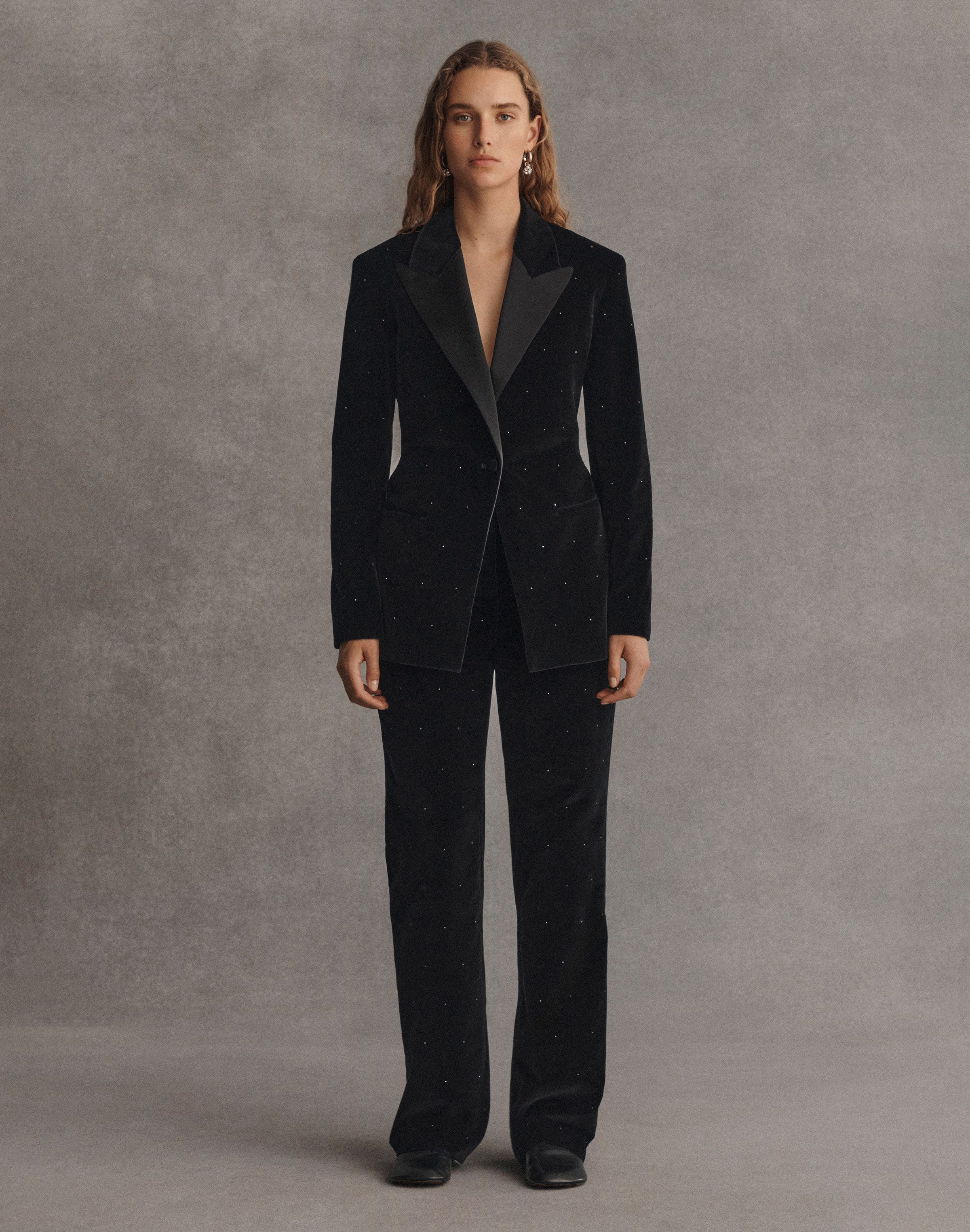 Velvet Crystal Embellished Tuxedo Jacket