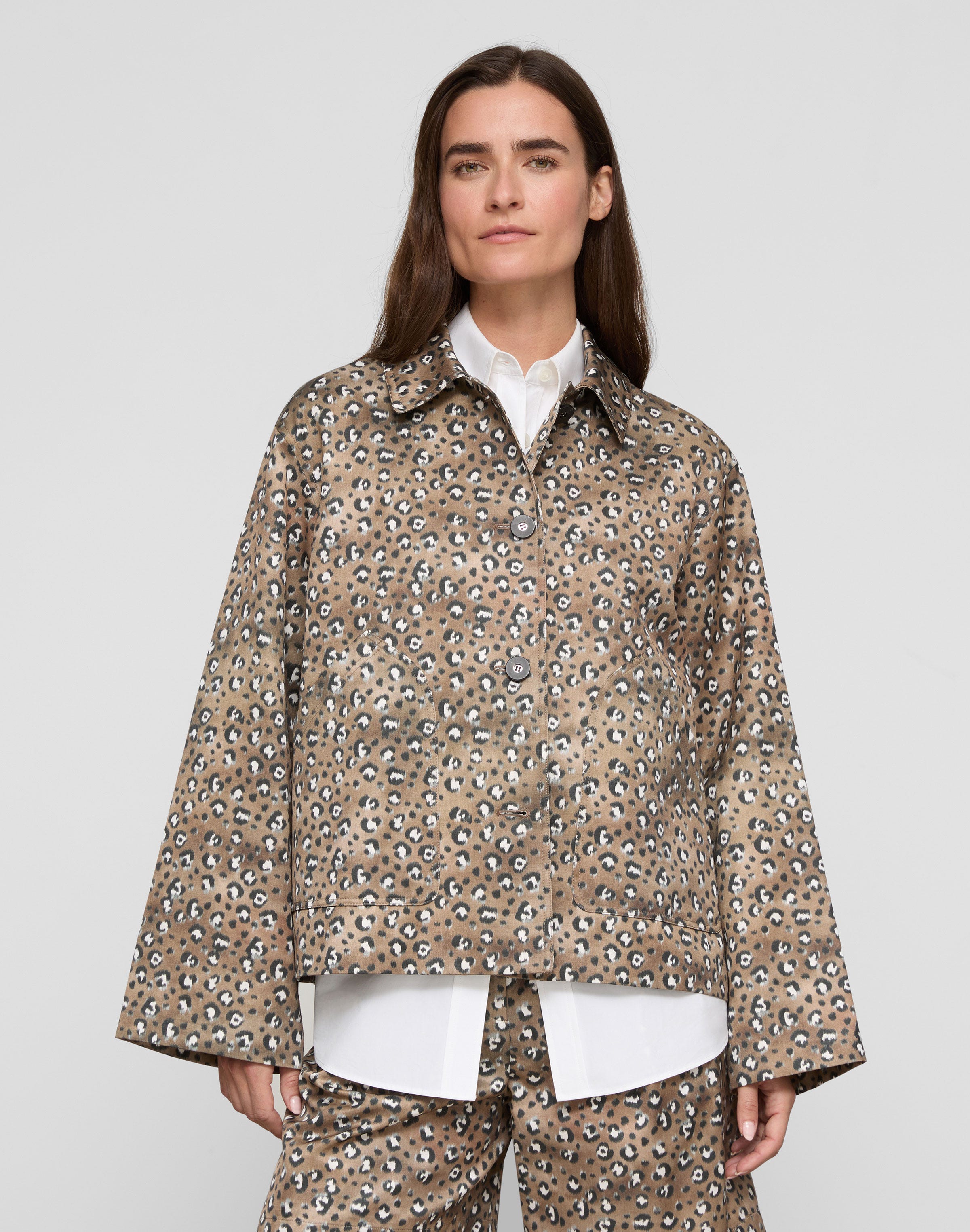 Petite Leopard Print Cotton-Viscose Twill A-Line Topper