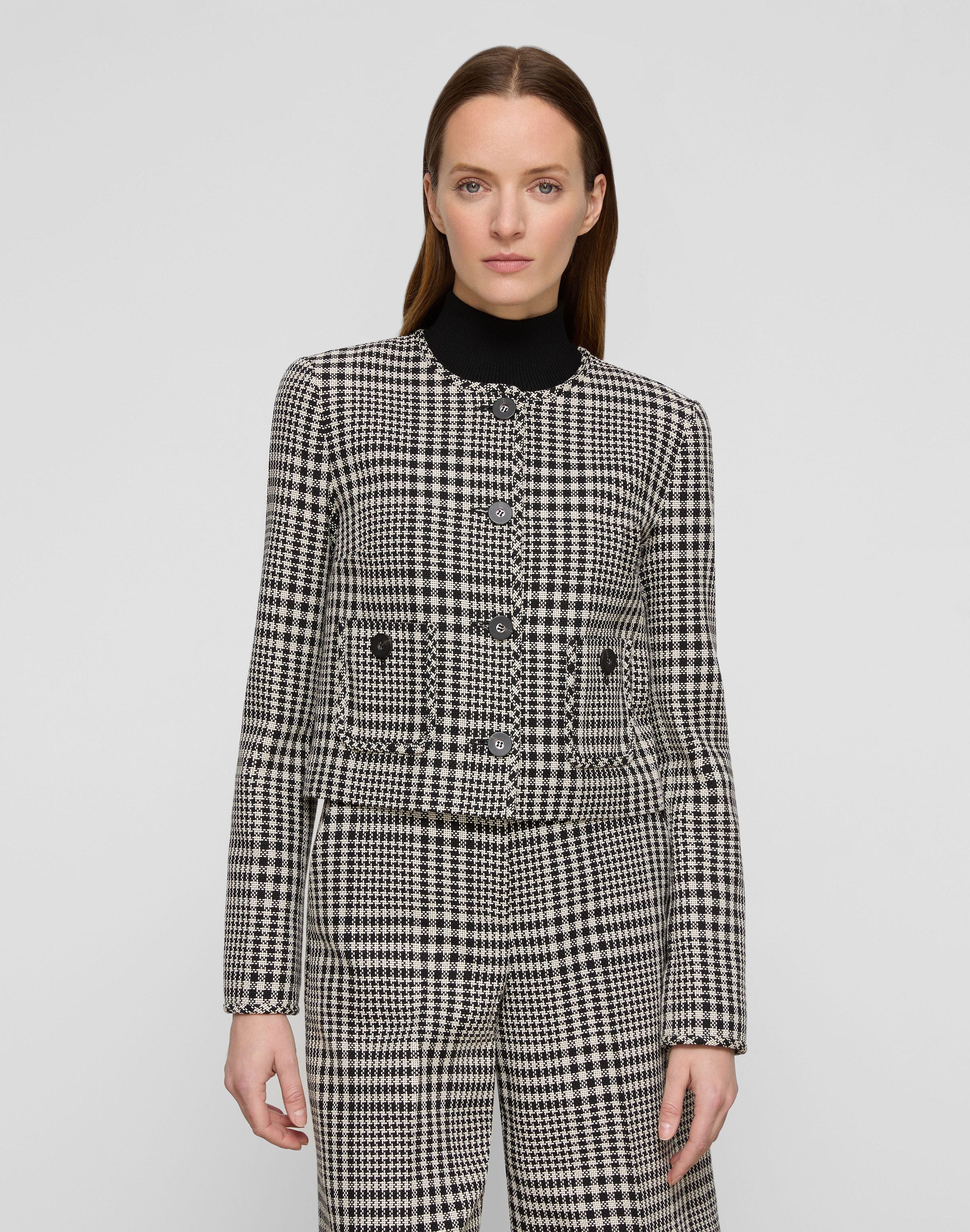 Grid Plaid Corded Cotton Patch Pocket Cropped Jacket