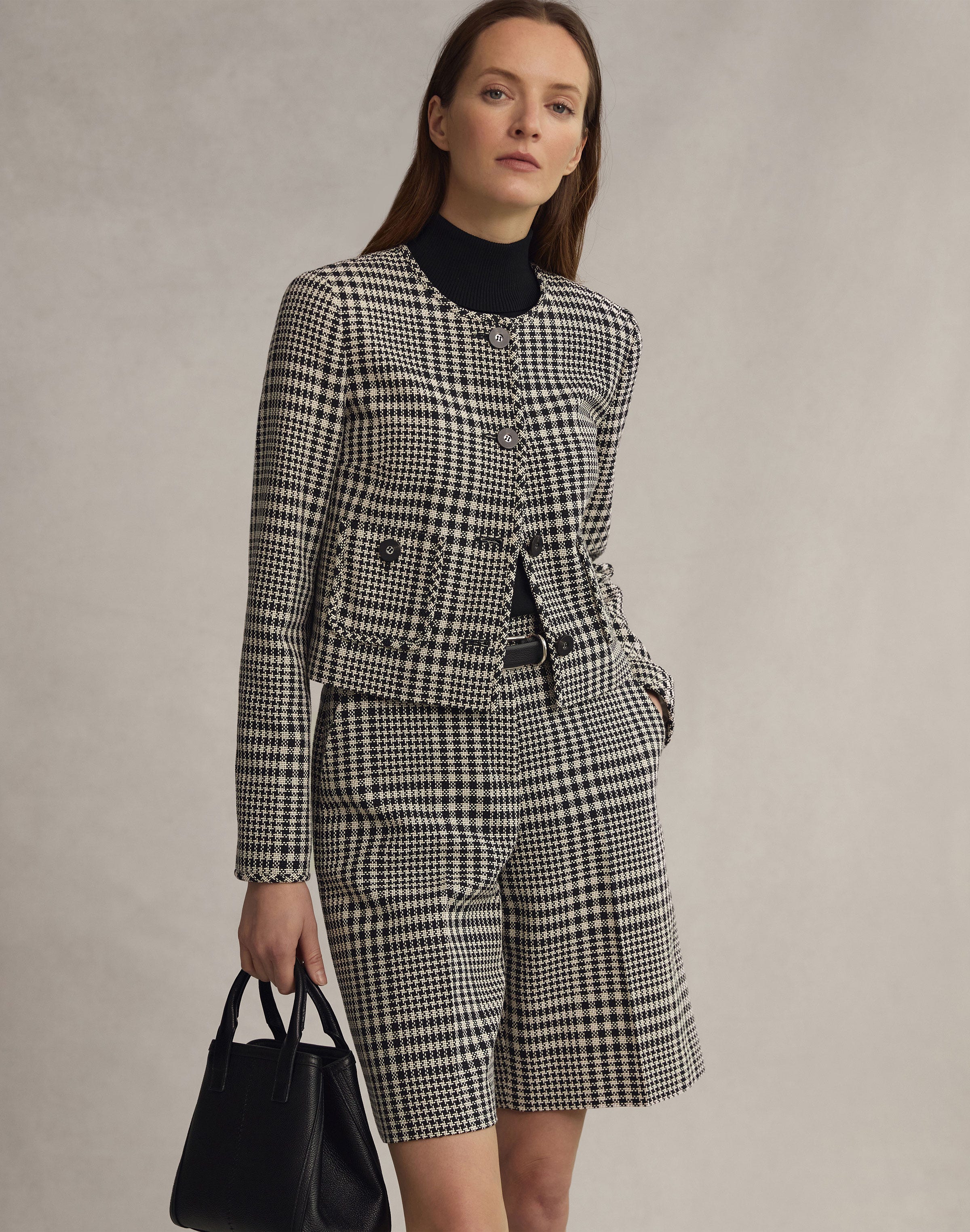 Grid Plaid Corded Cotton Patch Pocket Cropped Jacket