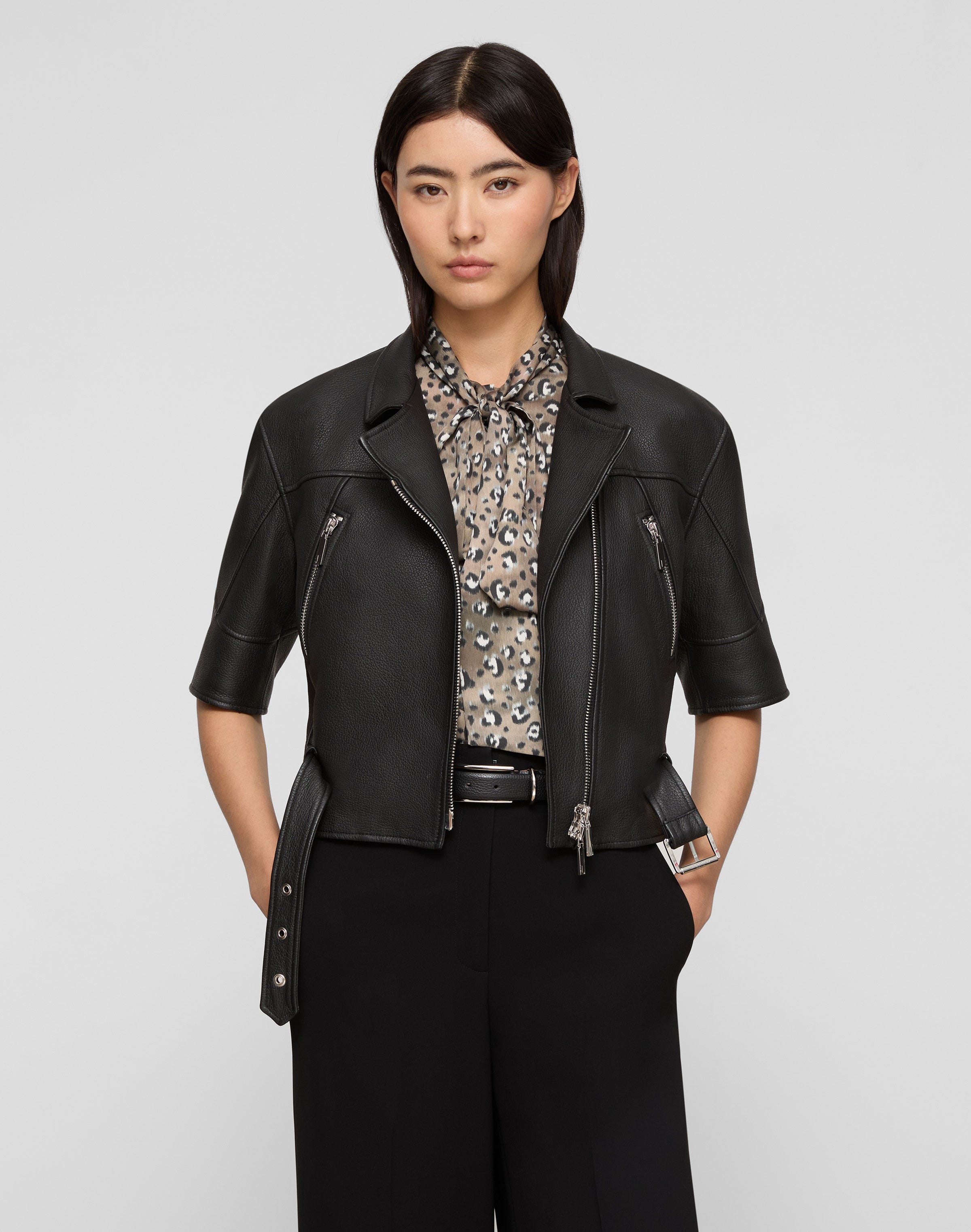 Full Grain Leather Short Sleeve Moto Jacket