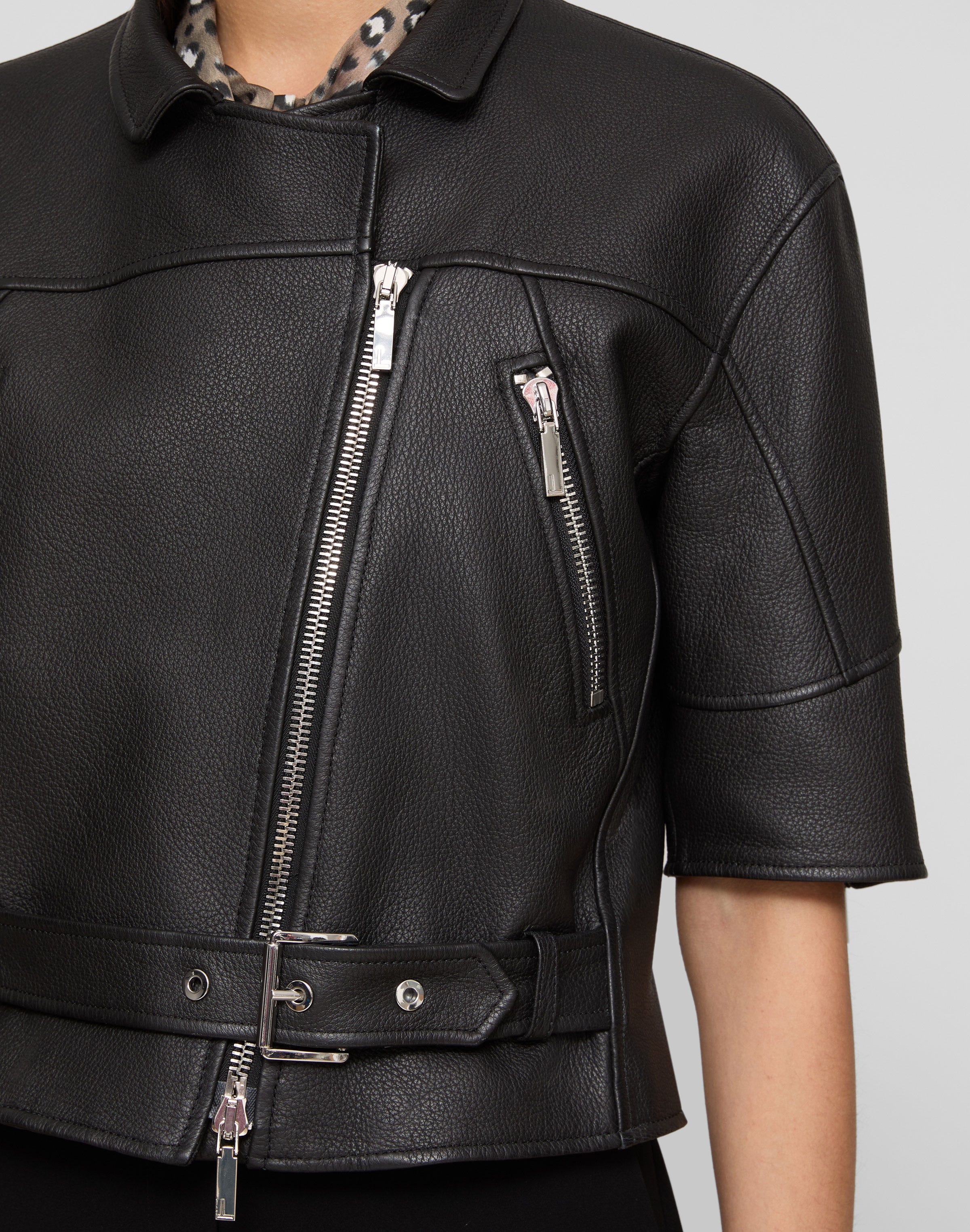 Full Grain Leather Short Sleeve Moto Jacket