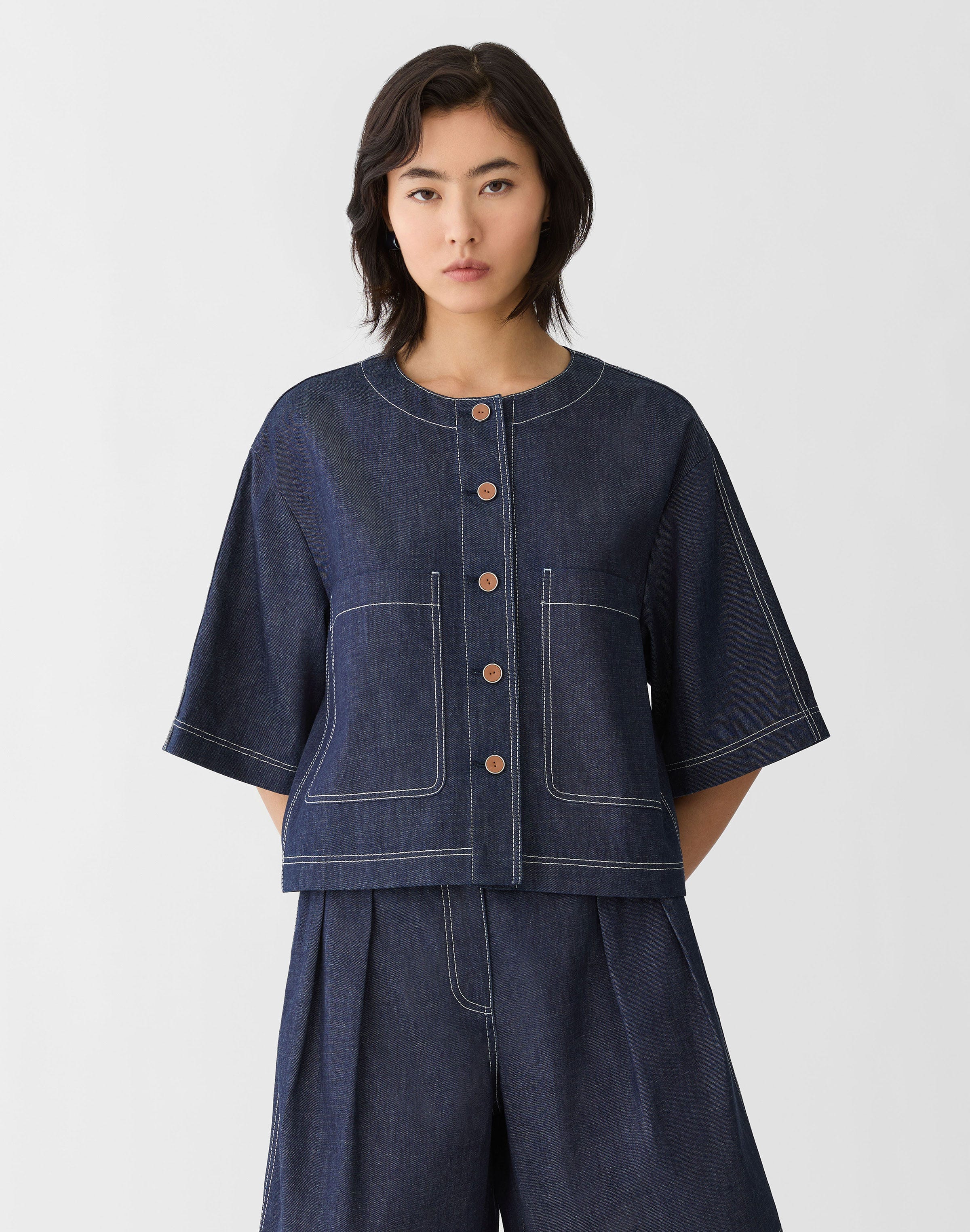 Chambray Patch Pocket Cropped Jacket