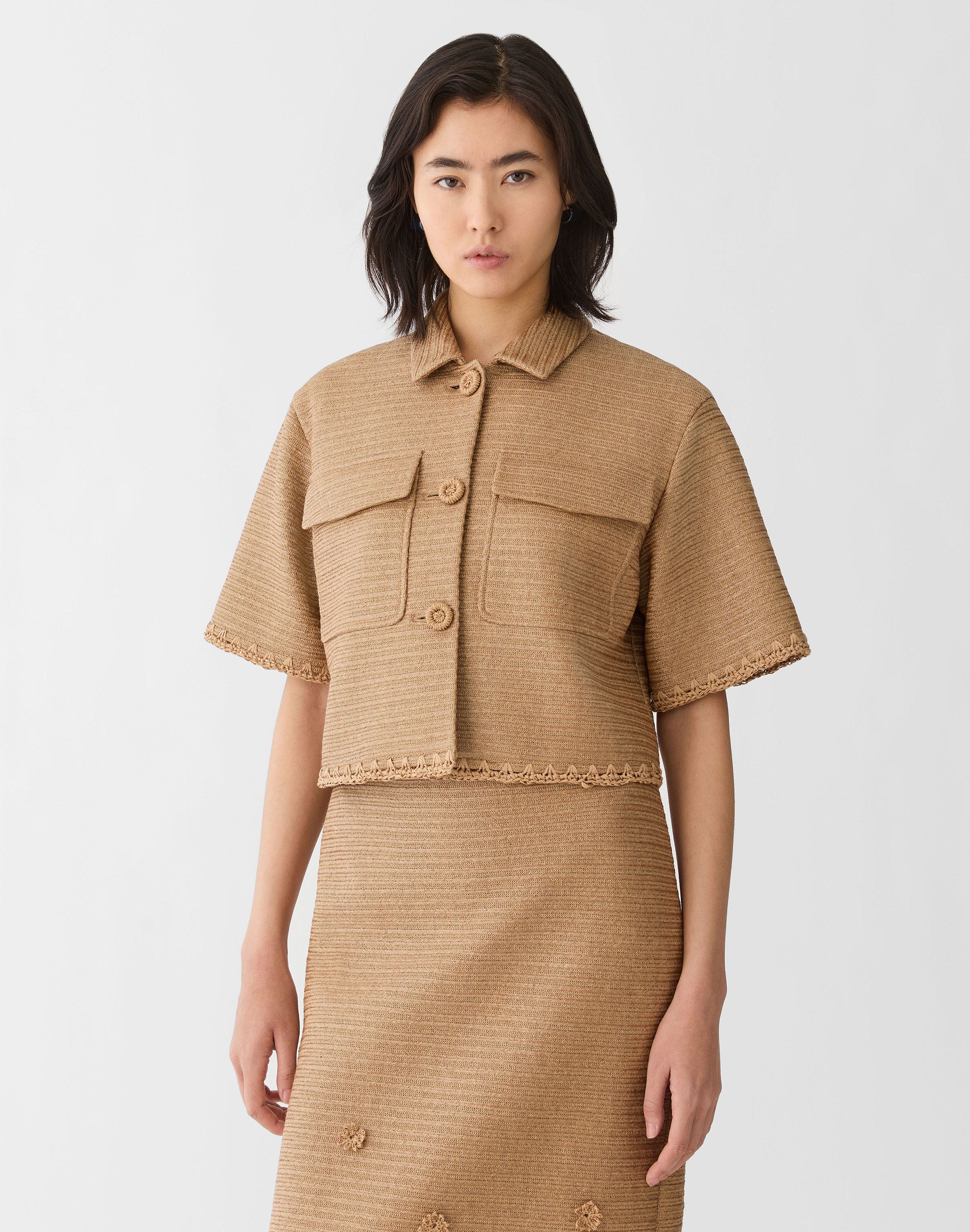 Raffia-Effect Floral Embellished Cropped Jacket