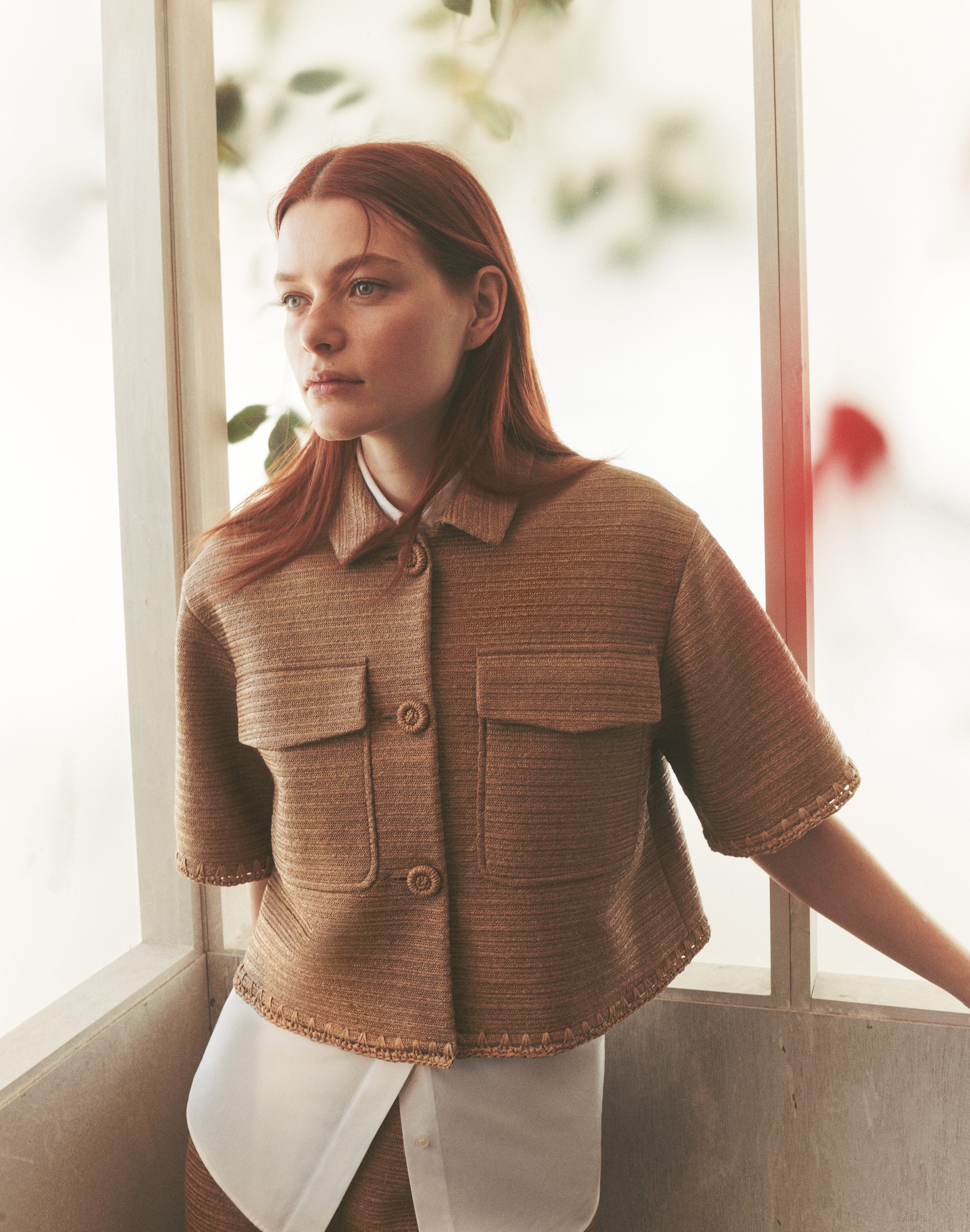 Raffia-Effect Floral Embellished Cropped Jacket