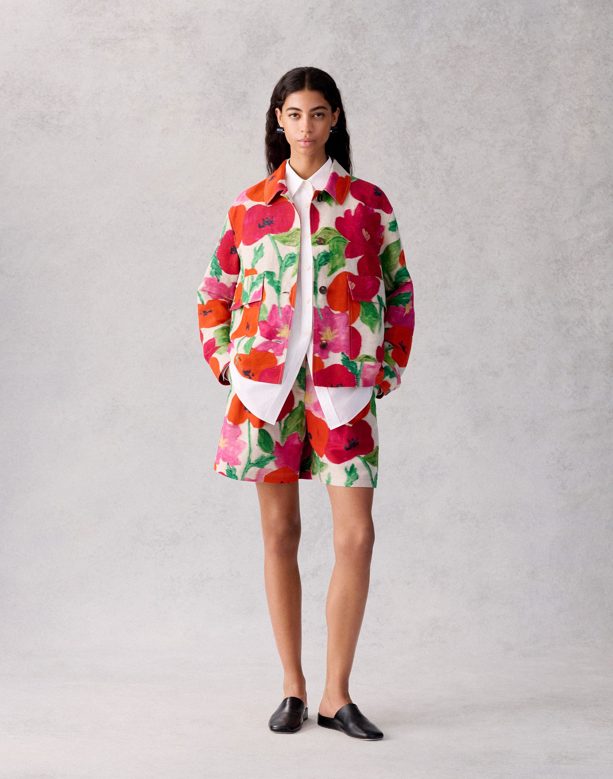 Plus-Size Blossom Print Linen-Cotton Canvas Jacket