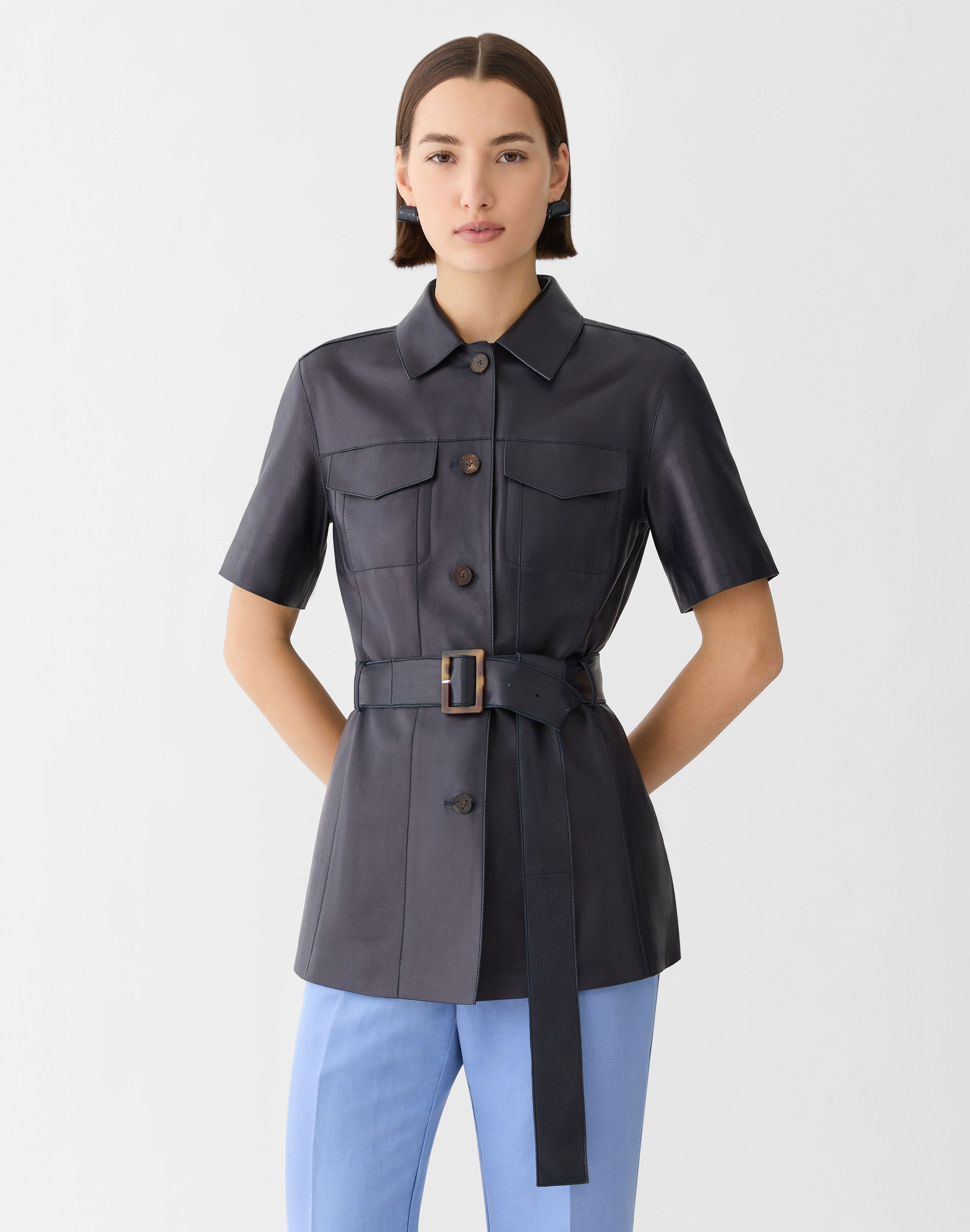 Nappa Leather Short Sleeve Belted Jacket