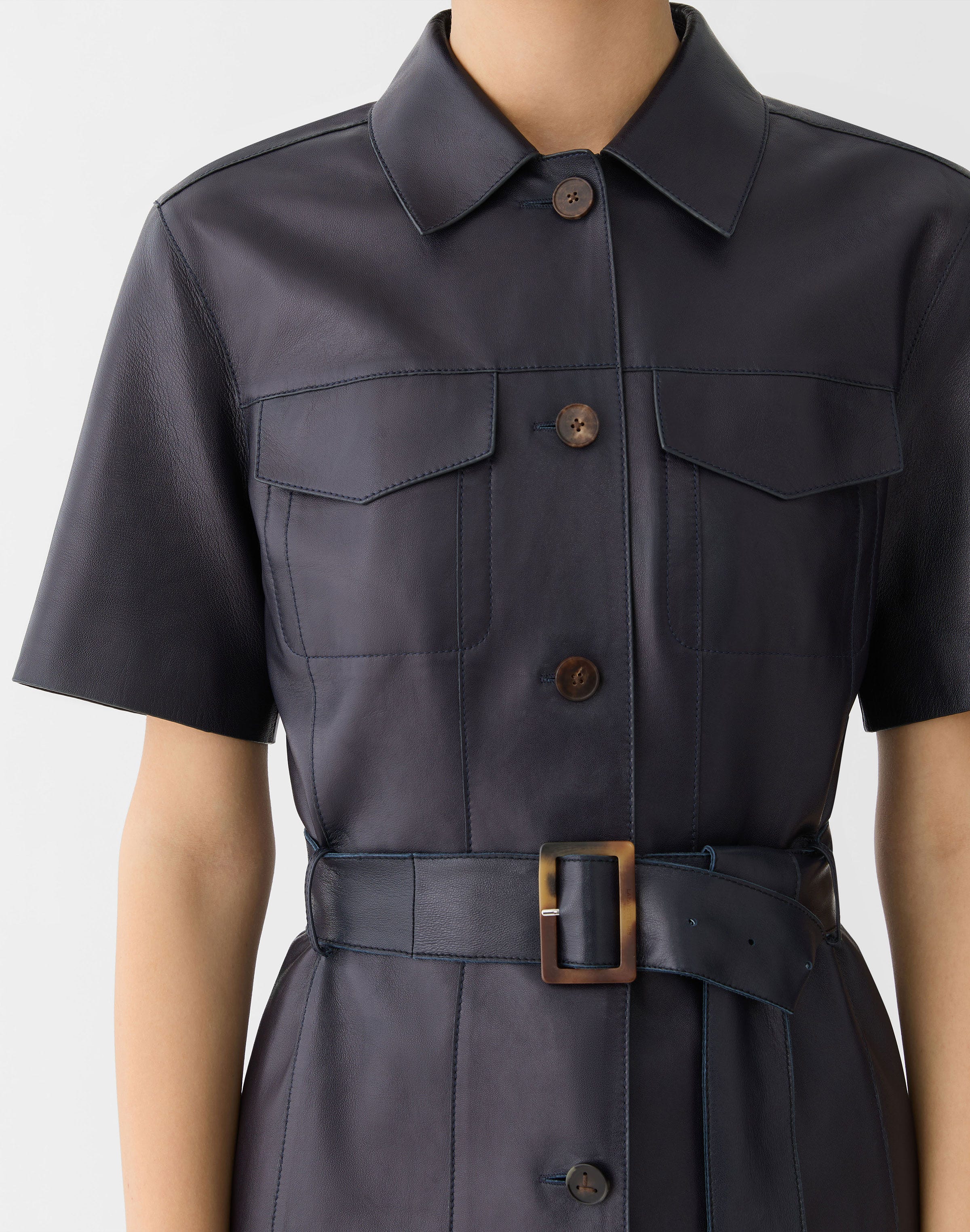 Nappa Leather Short Sleeve Belted Jacket