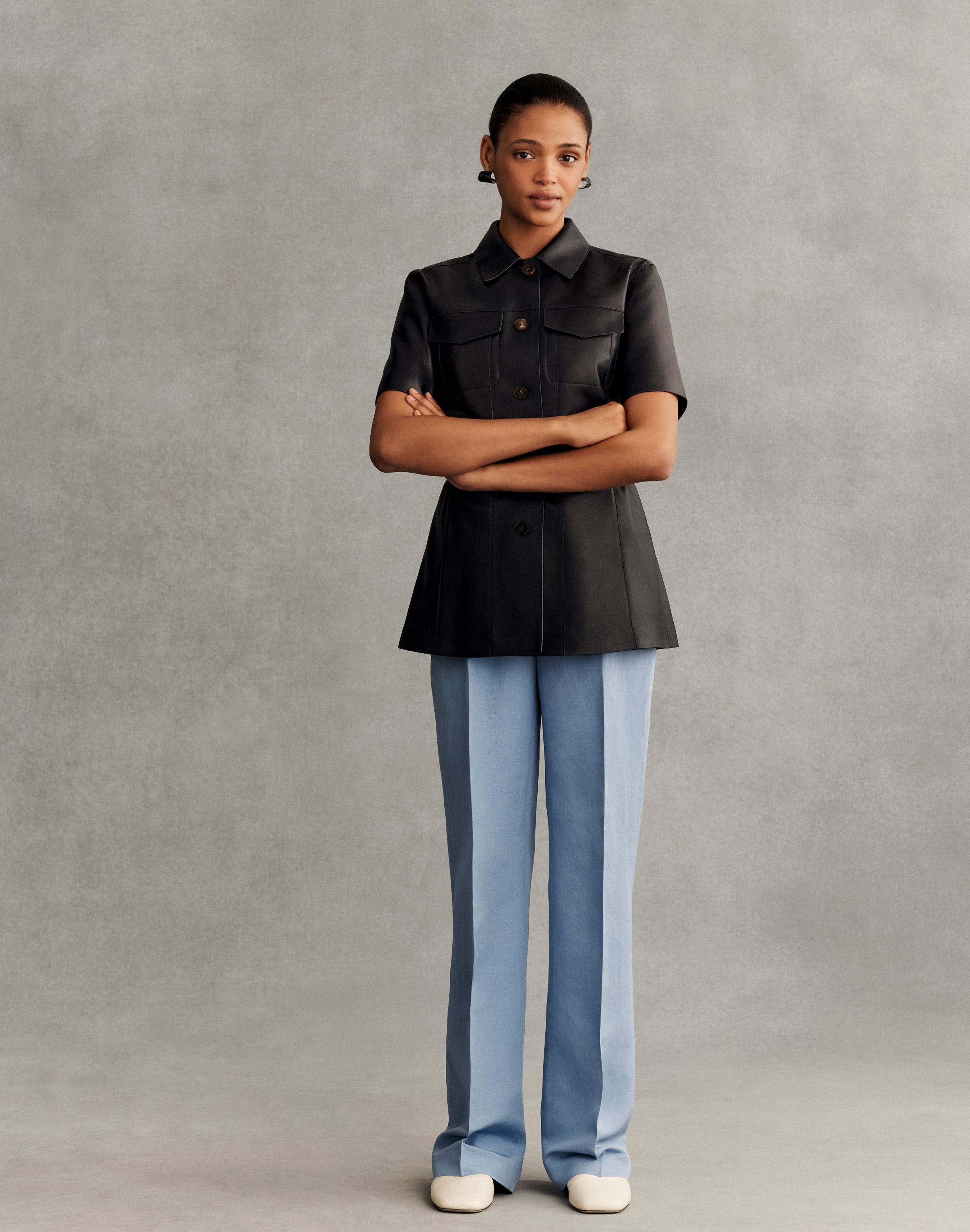 Nappa Leather Short Sleeve Belted Jacket