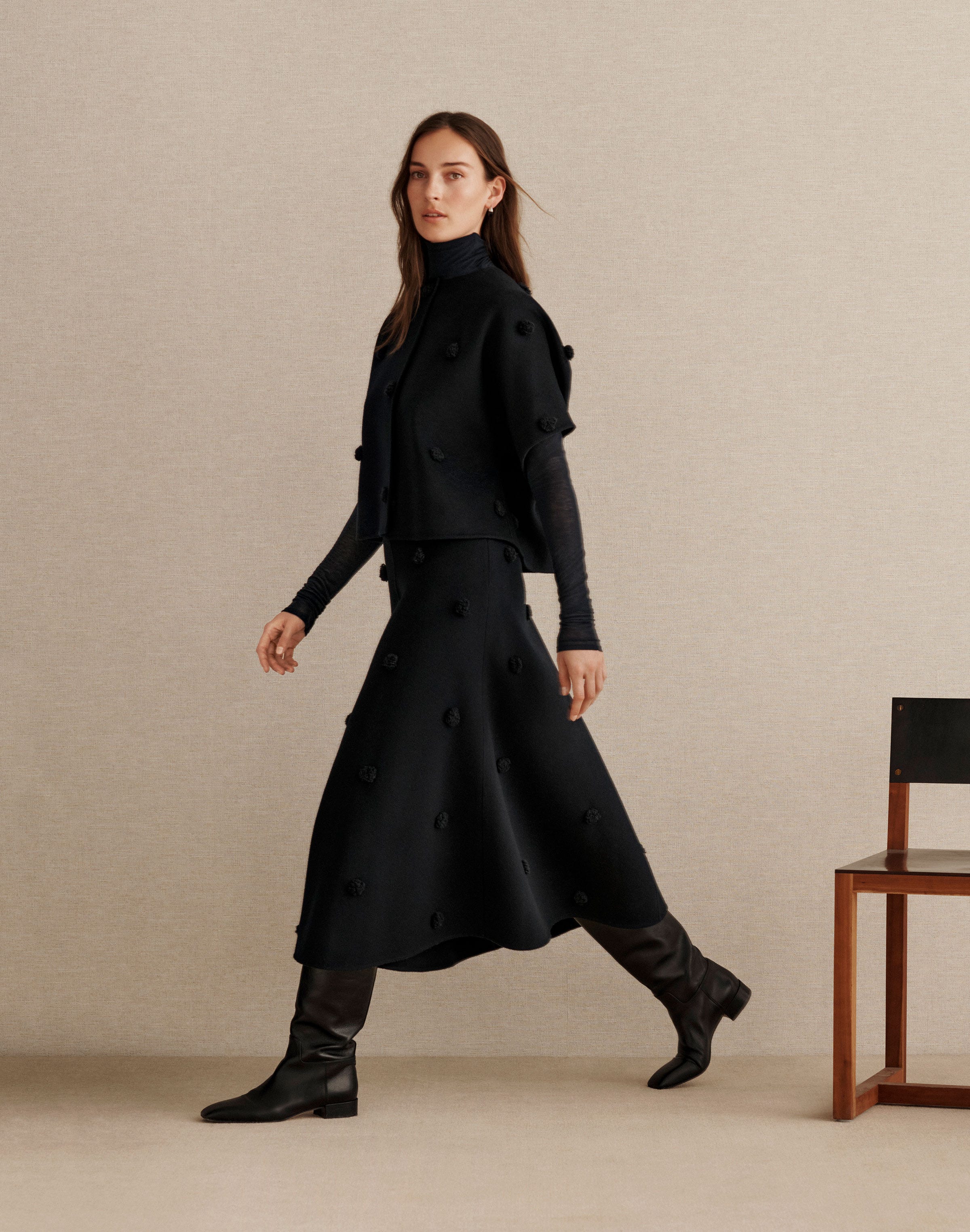 Wool-Cashmere Vest and Embellished Skirt with Viscose-Cashmere Jersey Turtleneck