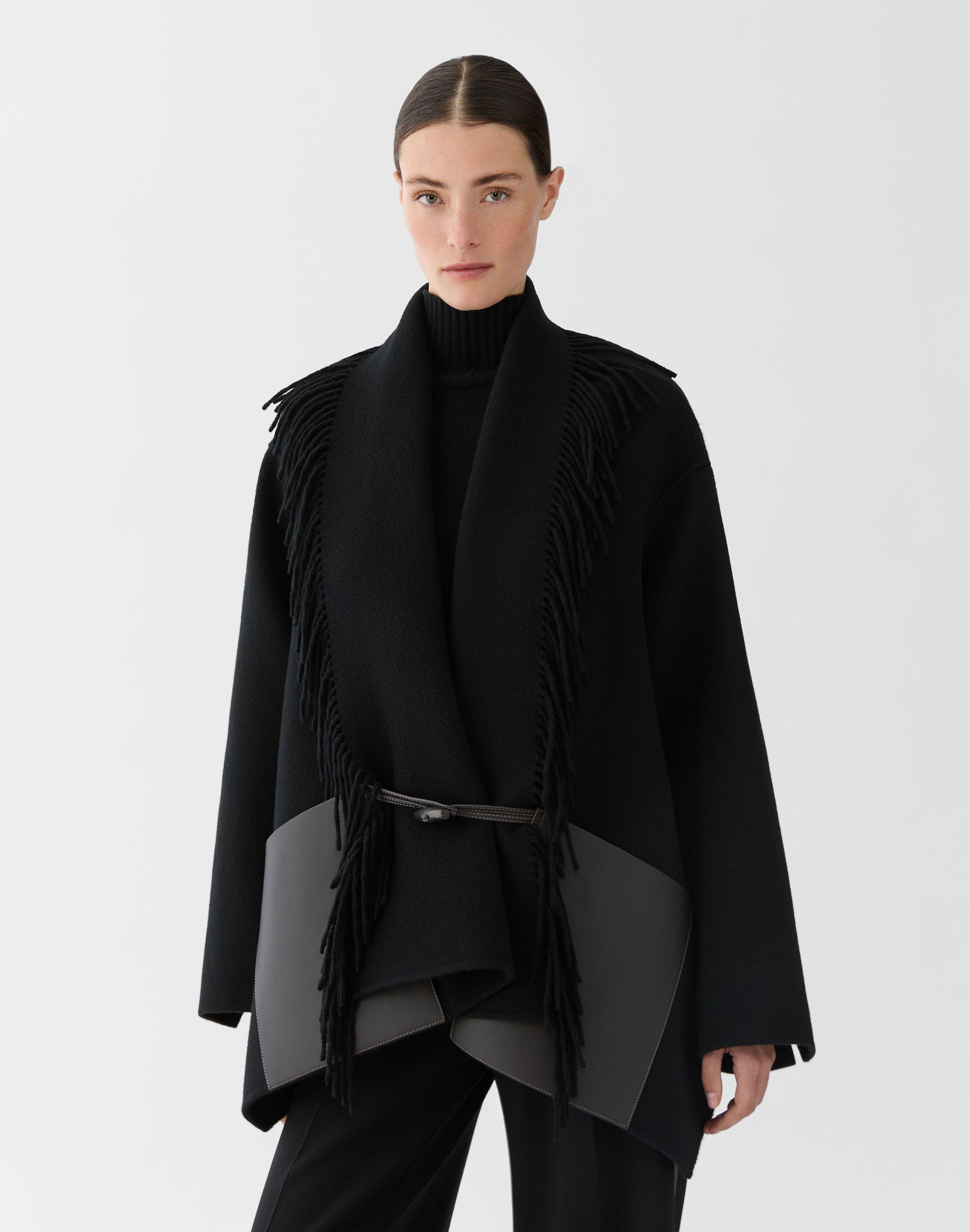 Wool-Cashmere Double Face Leather Pocket Fringed Jacket