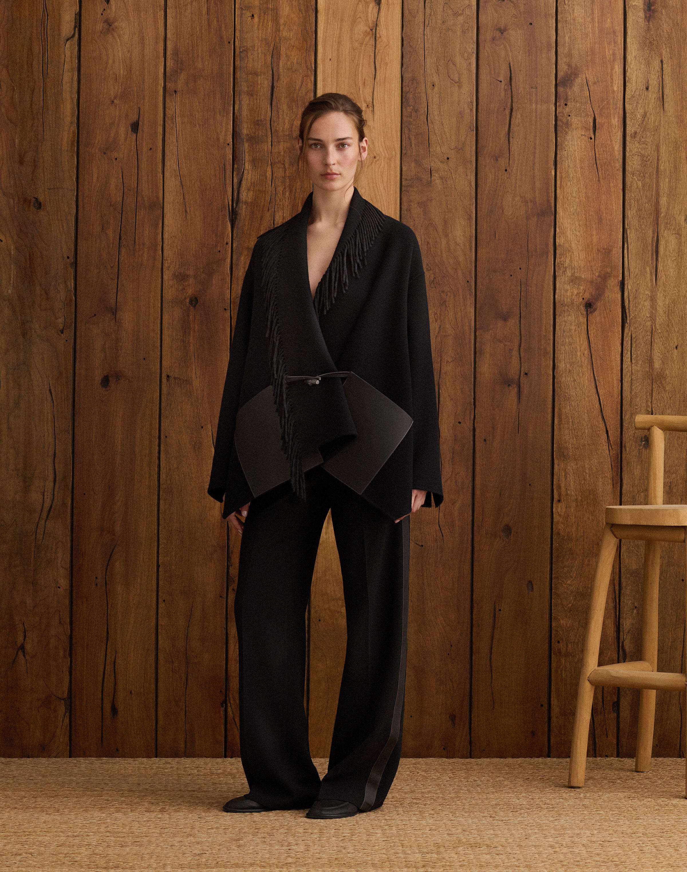 Wool-Cashmere Double Face Leather Pocket Fringed Jacket