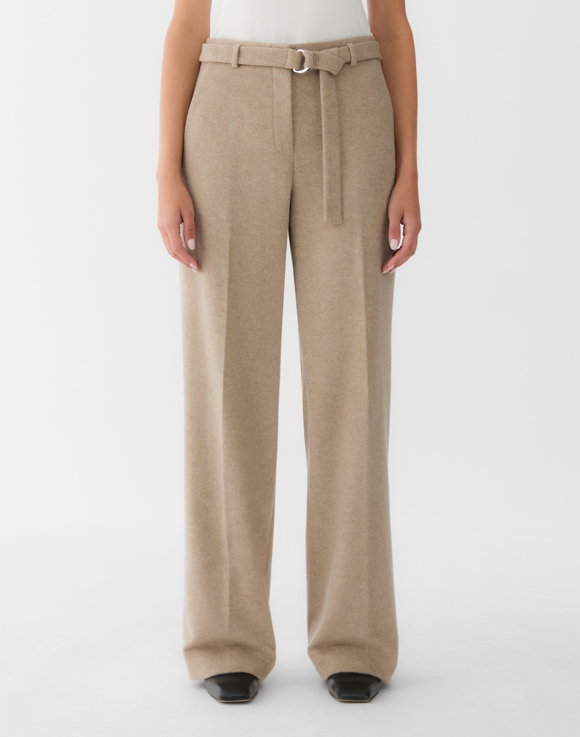 Brushed Wool-Cashmere Flannel Belted Clark Wide Leg Pant