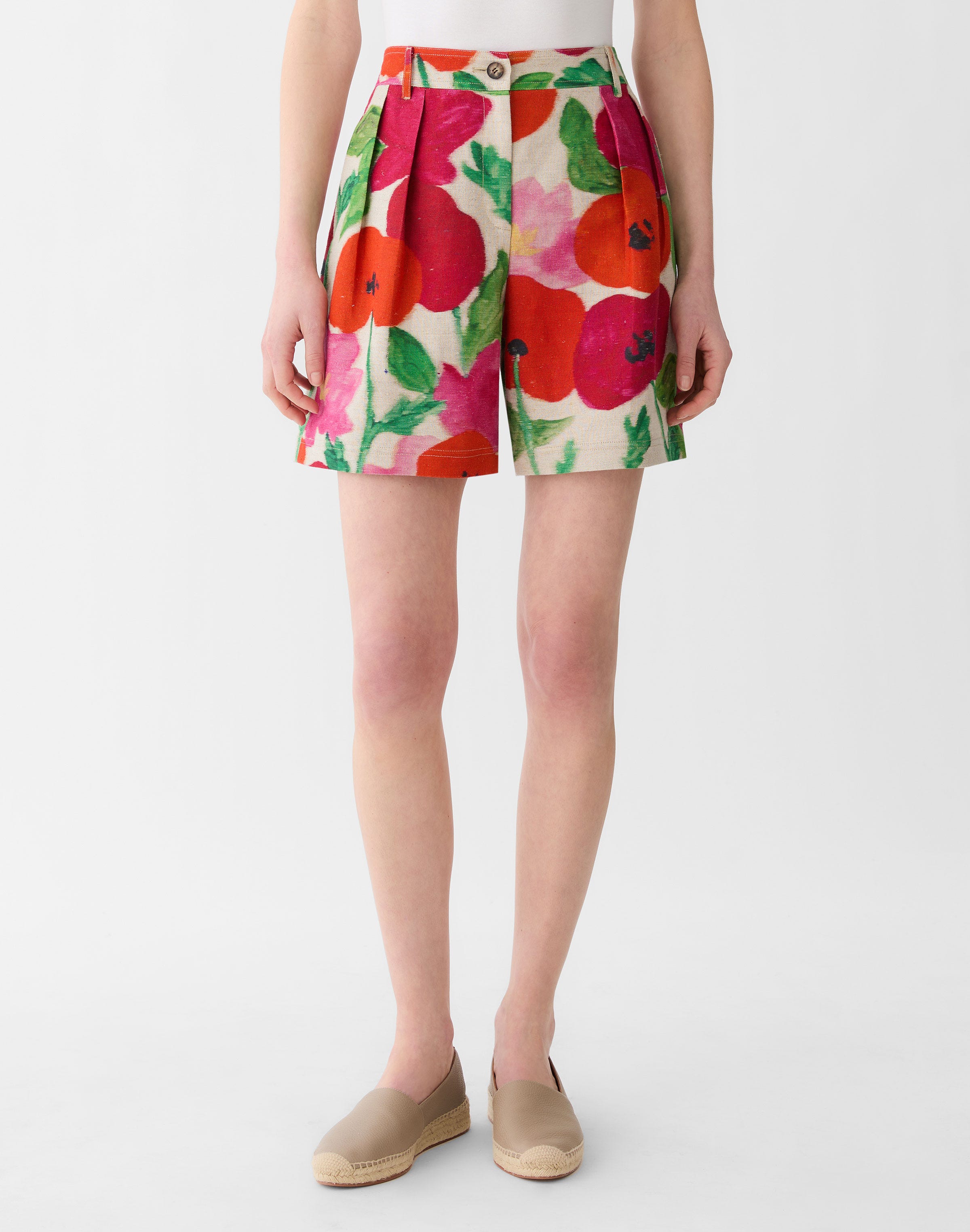 Blossom Print Linen-Cotton Canvas Park Wide Leg Short