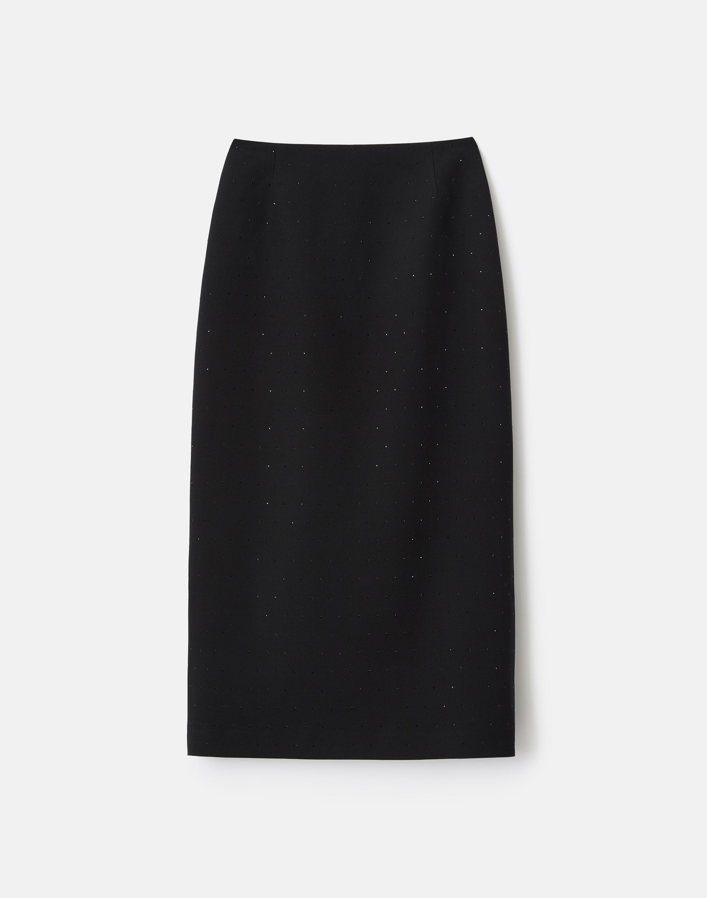 Wool-Silk Crepe Crystal Embellished Pencil Skirt