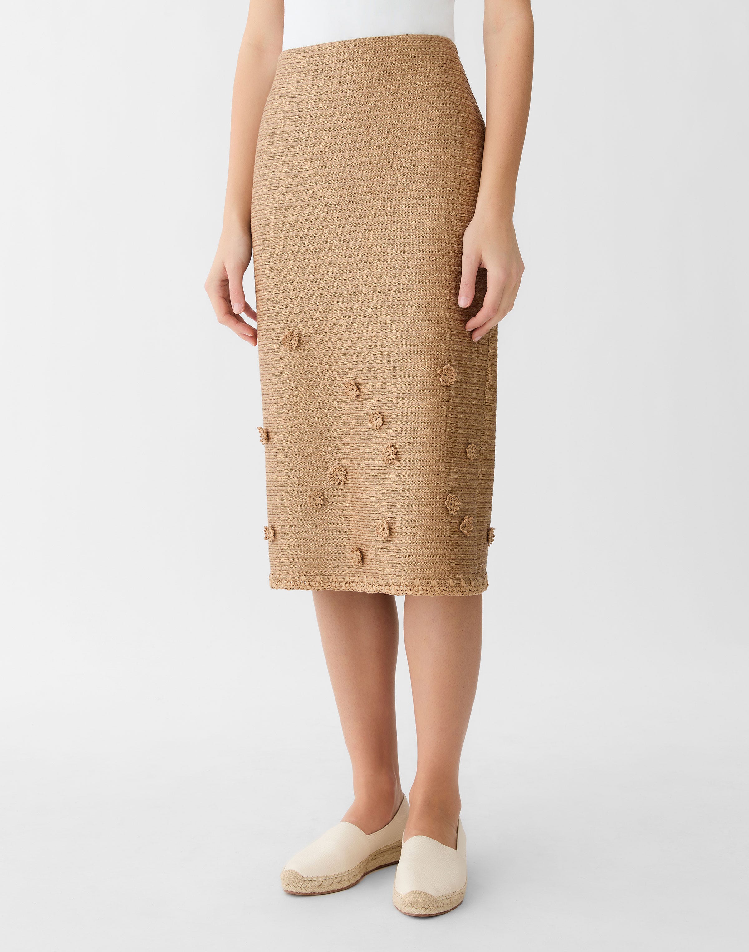 Raffia-Effect Floral Embellished Midi Skirt