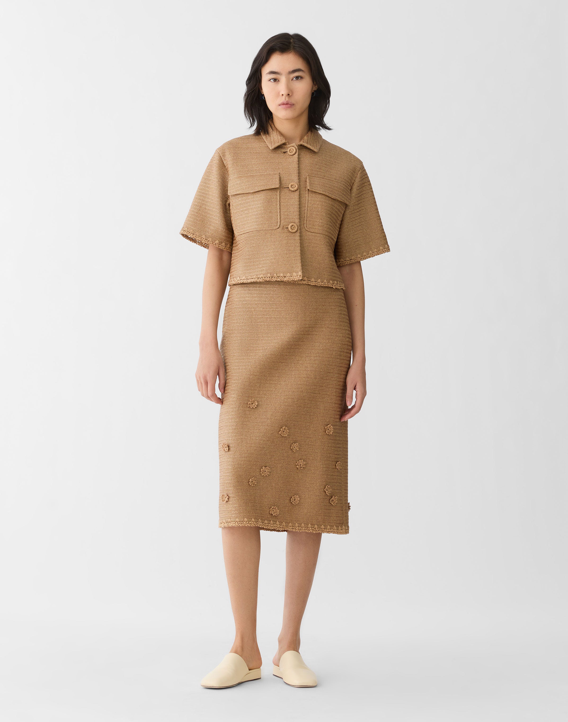 Raffia-Effect Floral Embellished Midi Skirt