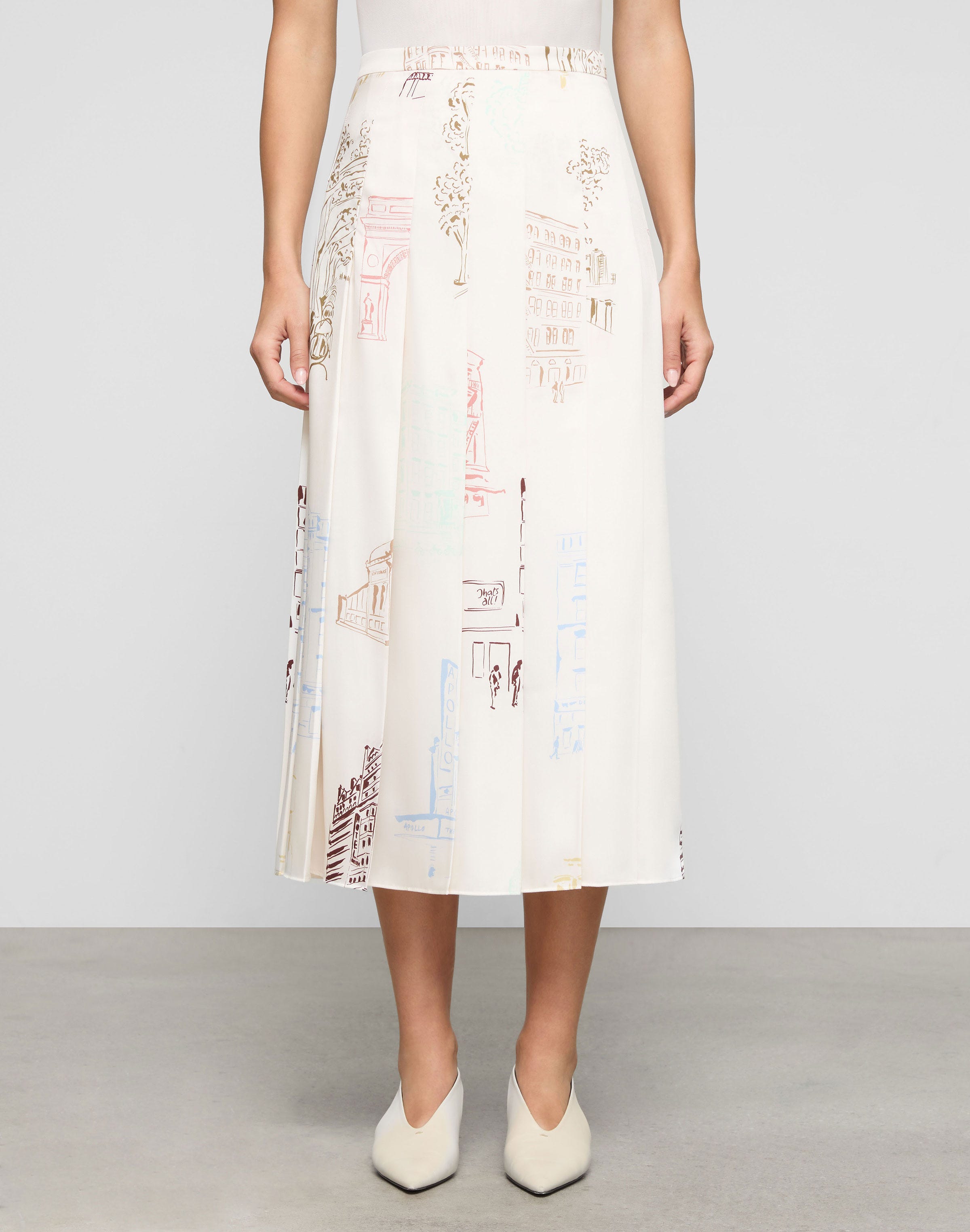 Manhattan Print Twill Pleated Midi Skirt