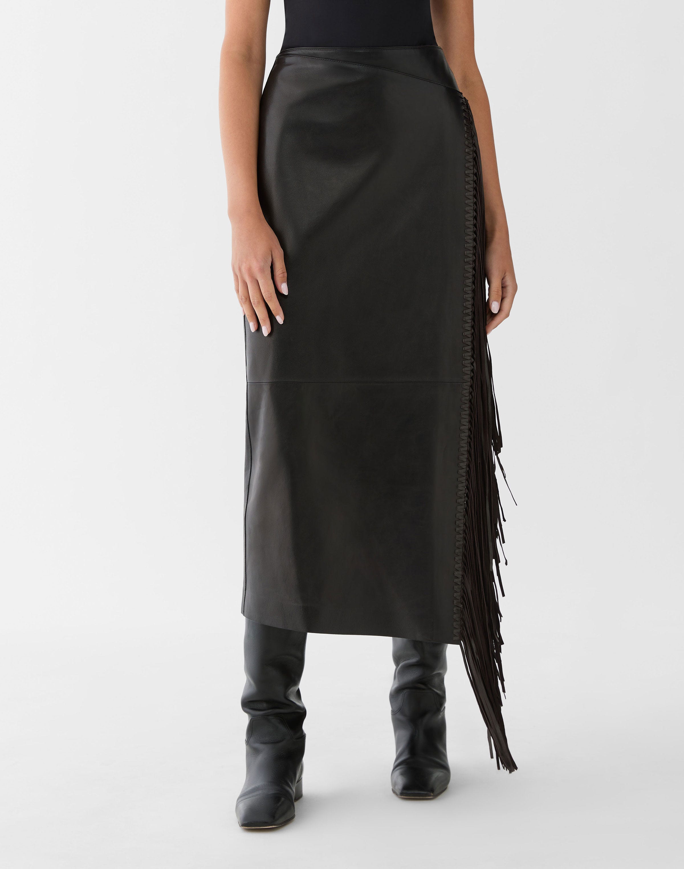 Nappa Leather Whipstitch Fringe Midi Skirt
