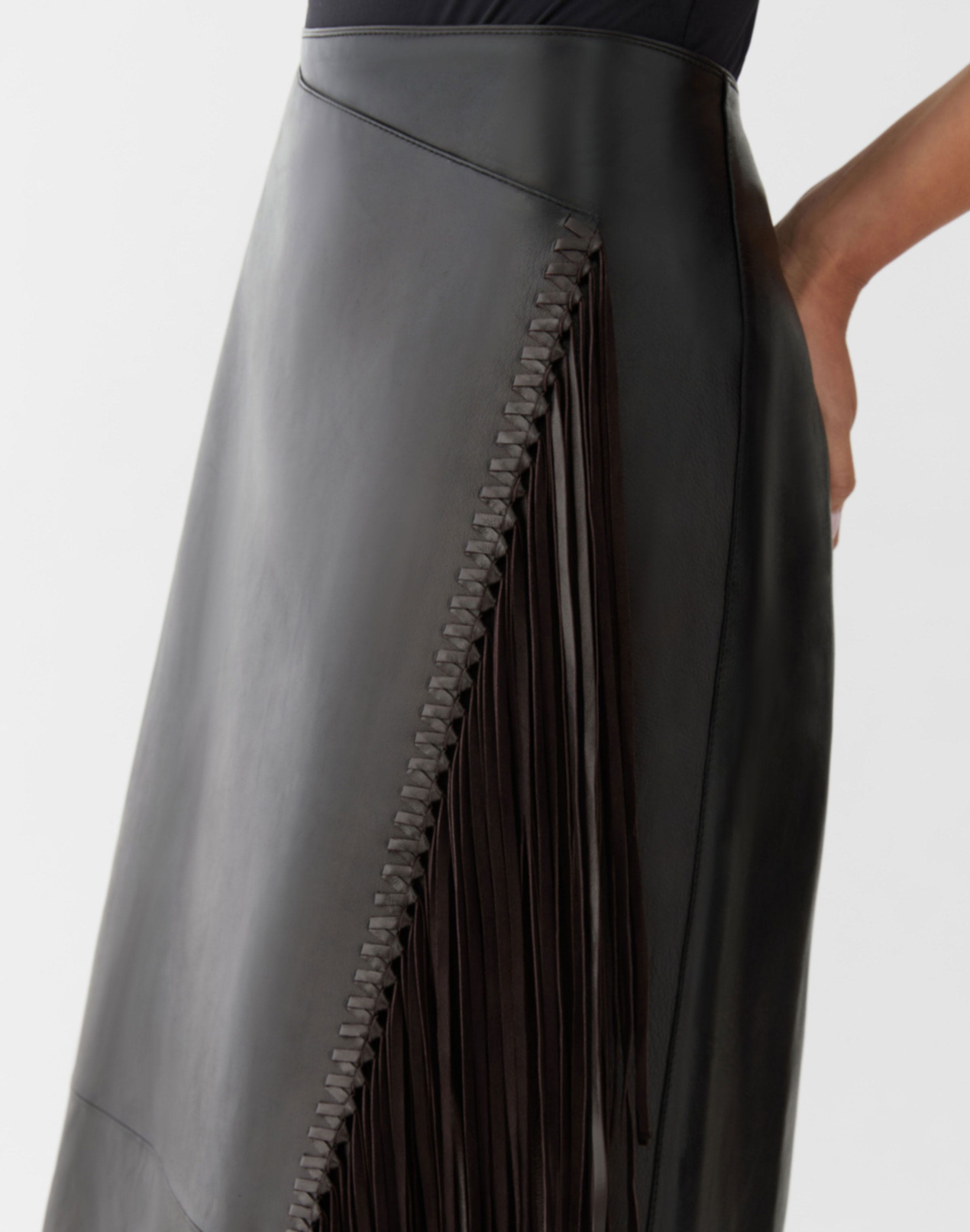 Nappa Leather Whipstitch Fringe Midi Skirt